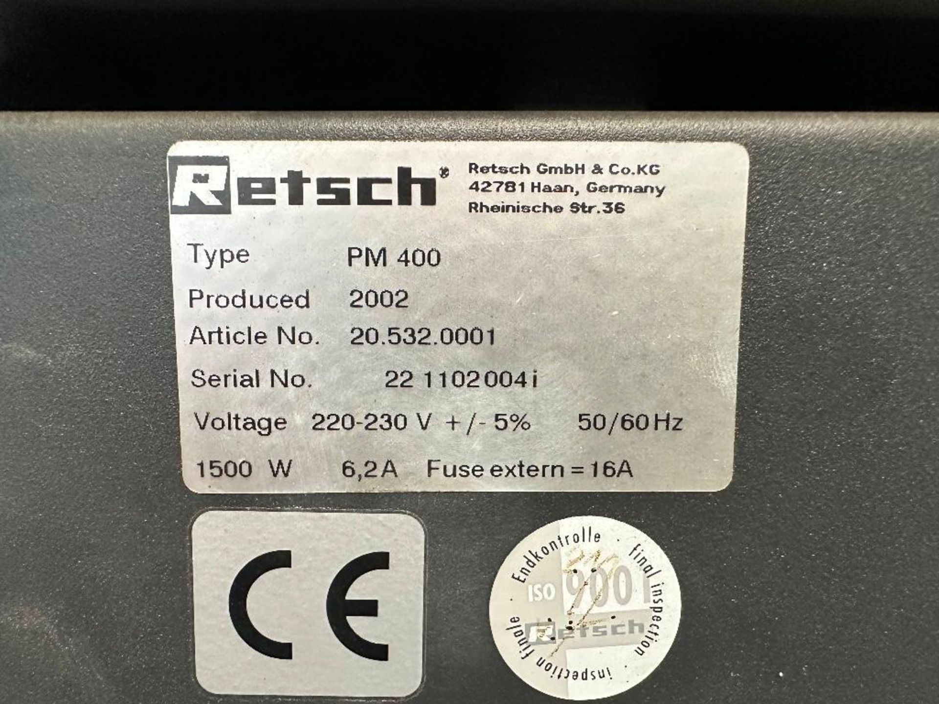 Retsch PM400 Ball Mill w/ 4 Grinding Stations, 220-230V, s/n 22 1102004i, 2002 - Image 8 of 8