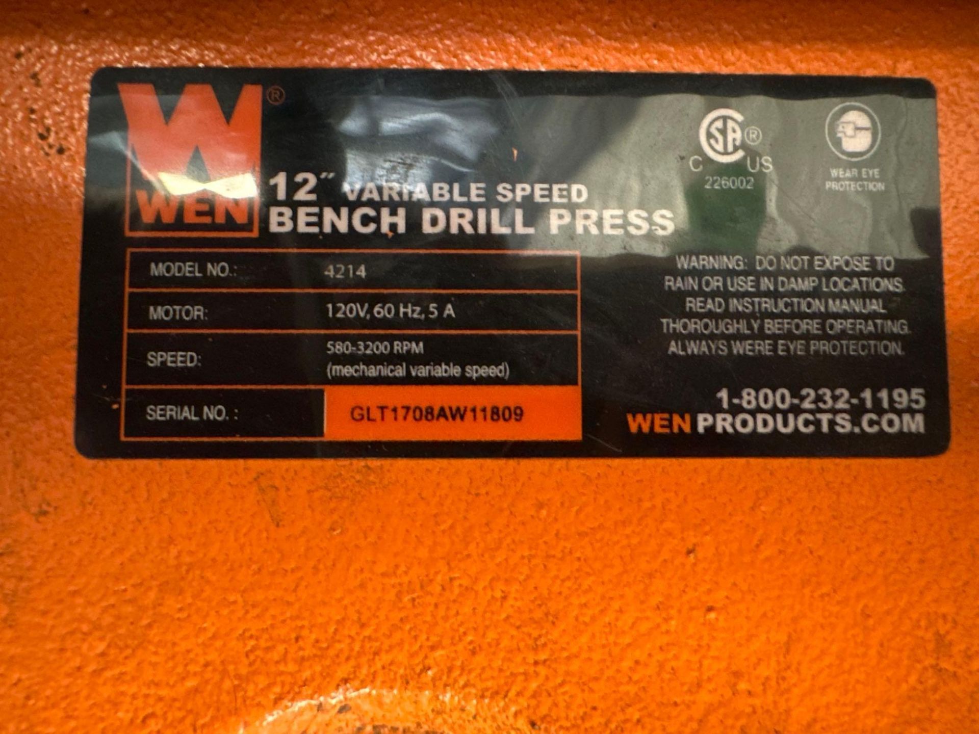 WEN 12” Variable Speed Bench Drill Press, s/n GLT1708AW11809 *Located in Redlands, CA* - Image 7 of 7