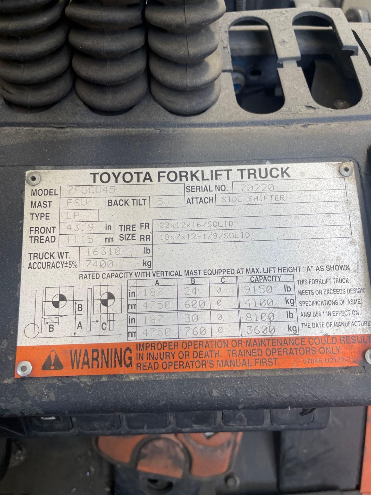 Toyota 7FGCU45 LPG Forklift, 9,000 Lbs. Cap. s/n 70220, 8016 Hrs. - Image 6 of 6