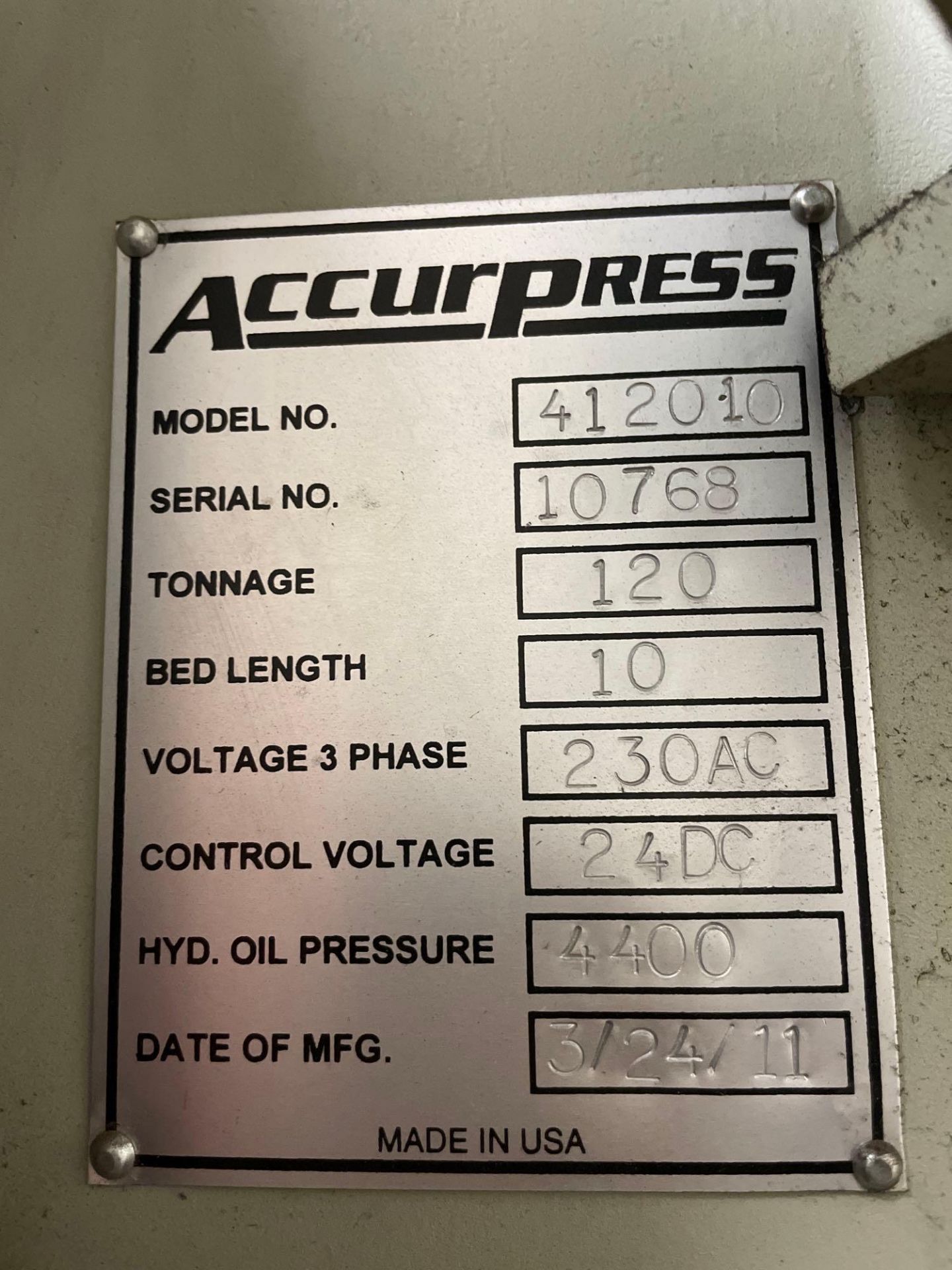 Accurpress 412010 Hydraulic CNC Press Brake, 120 Ton, 10’ Bed, Extra Height, New 2011 - Image 9 of 9