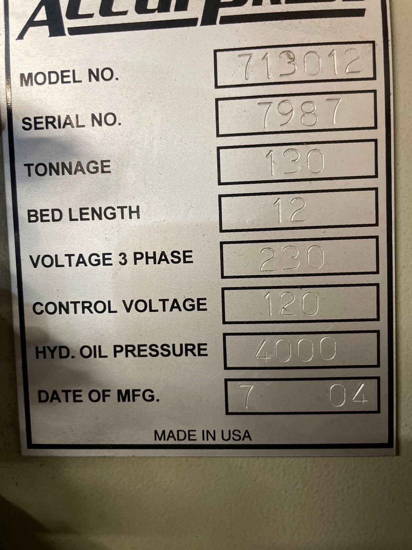 Accurpress 713012 Hydraulic CNC Press Brake, 130 Ton, 12’ Hydraulic, New ETS Ctrl. Installed 2015 - Image 10 of 10