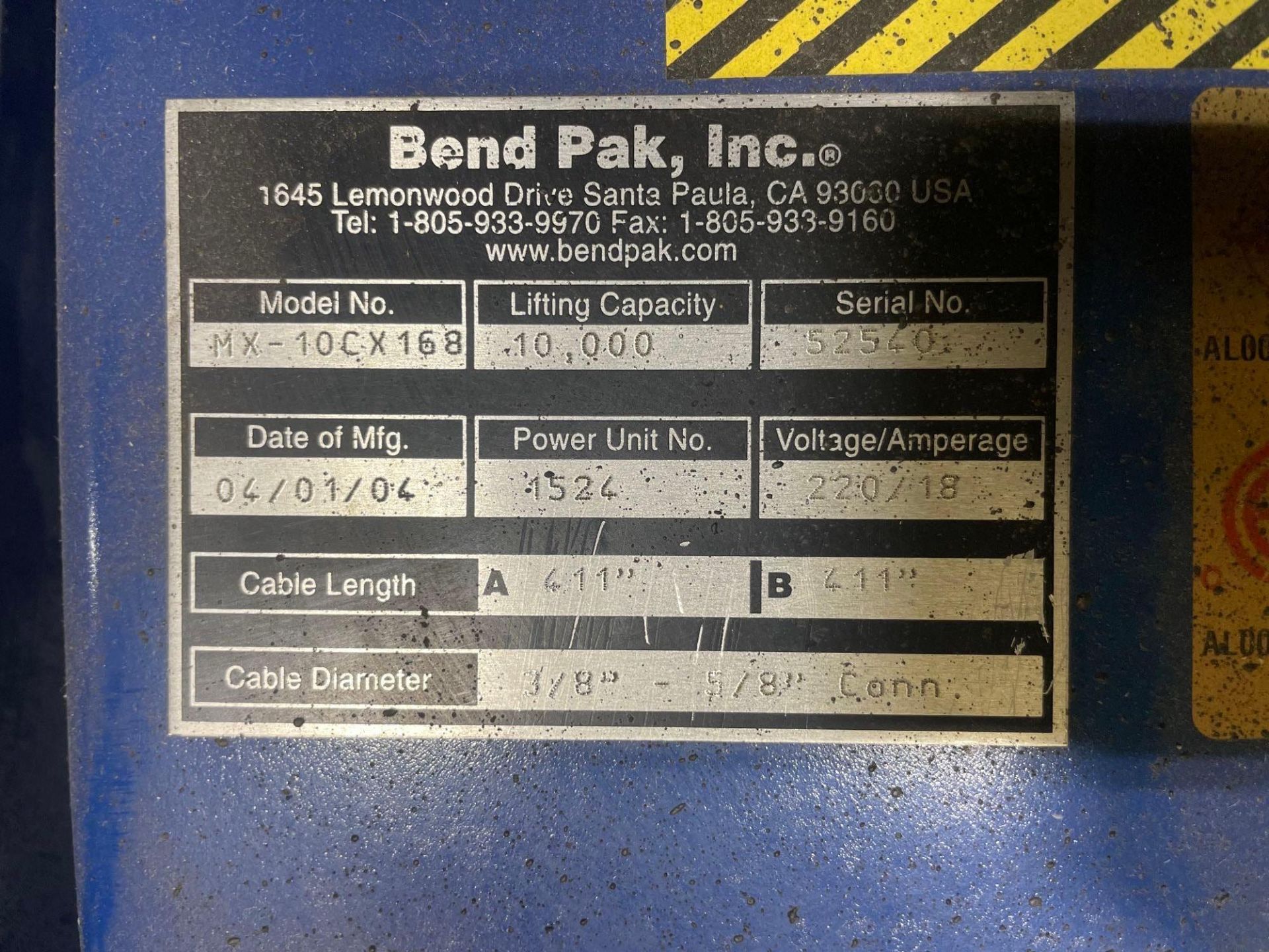 Bend Pak MX-10CX168 2 Post Hydraulic Car Lift, 10K Lbs. Cap., s/n 52540, New 2004 - Image 7 of 7
