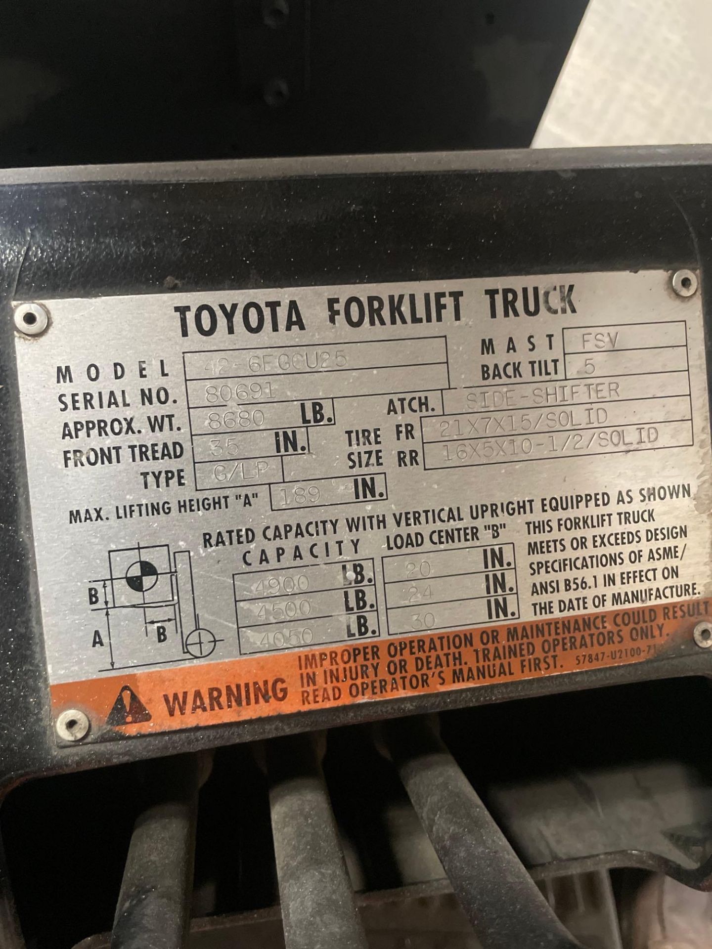 Toyota 42-6FGCU25 LPG Forklift, 5000 Lbs., 13677 Hrs., s/n 80691 - Image 6 of 6