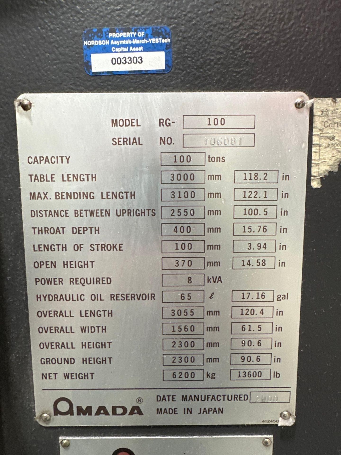Amada RG-100 CNC Hydraulic Press Brake, 100 Ton Capacity, 118.2” Table Length, NC9-EX II CNC - Image 9 of 11