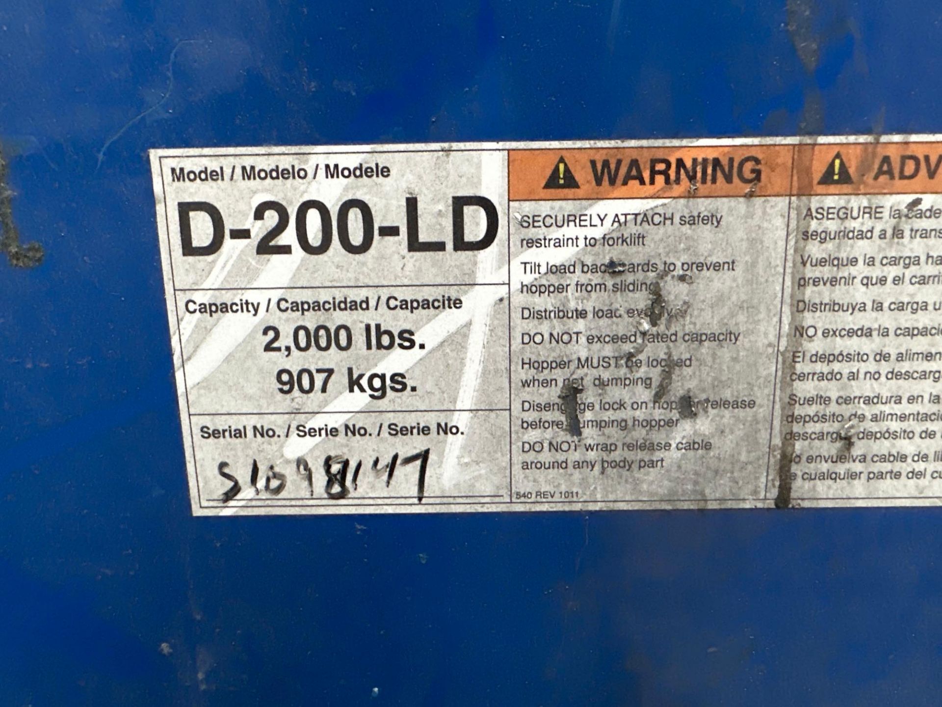 2000lbs D-200-LD Tilt Hopper - Image 3 of 3