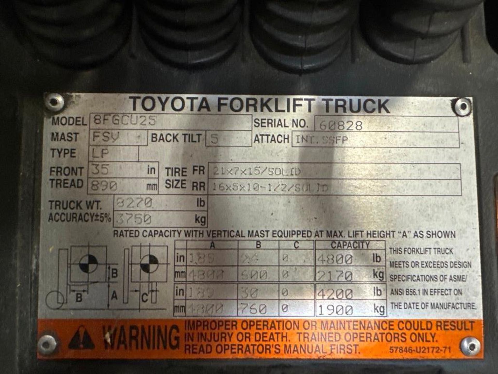 5000 Lbs Toyota 8FGCU25 Forklifts, s/n 60828 - Image 7 of 8