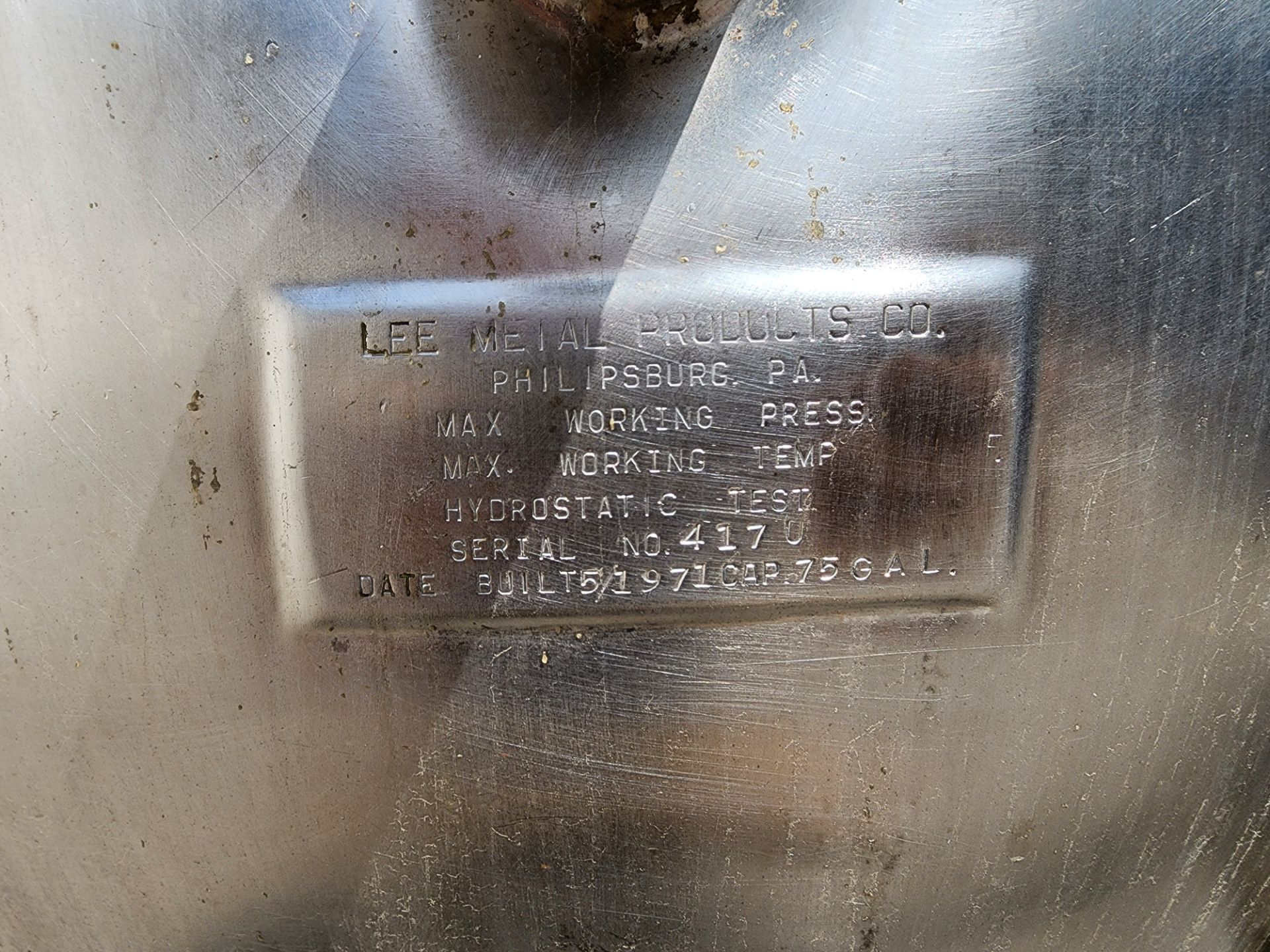 Lee Steam Fired Jacketed Kettle, Model 75D, SN 417 U, 75 Gallon Capacity. - Image 5 of 8