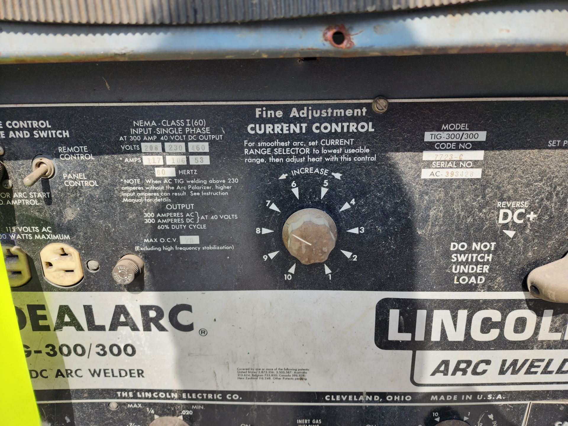 Lincoln Arc Welder, Model TIG 300/300 SN AC-393428, 208-230V/460V/3PH/60HZ. - Image 4 of 6