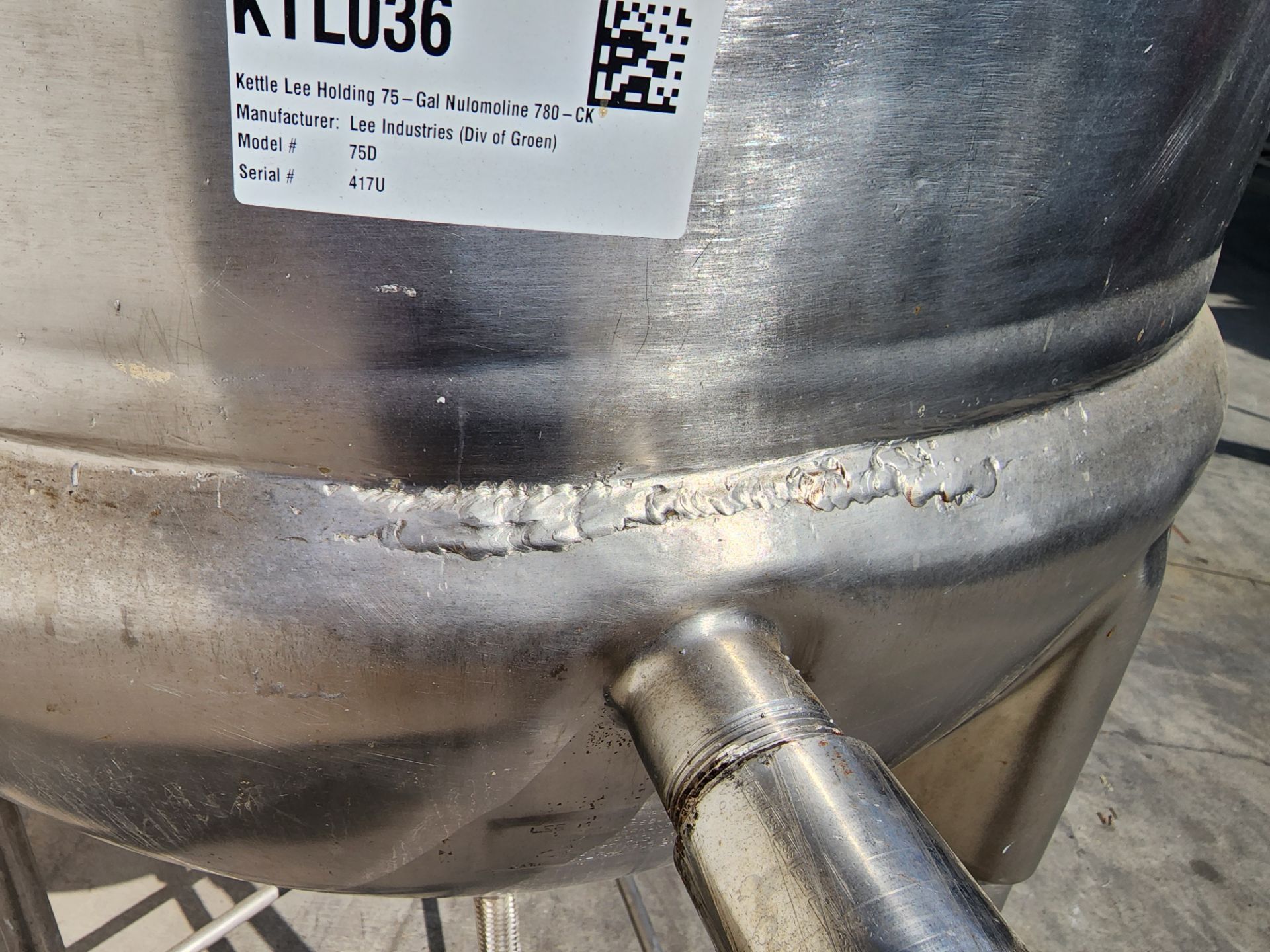 Lee Steam Fired Jacketed Kettle, Model 75D, SN 417 U, 75 Gallon Capacity. - Image 7 of 8