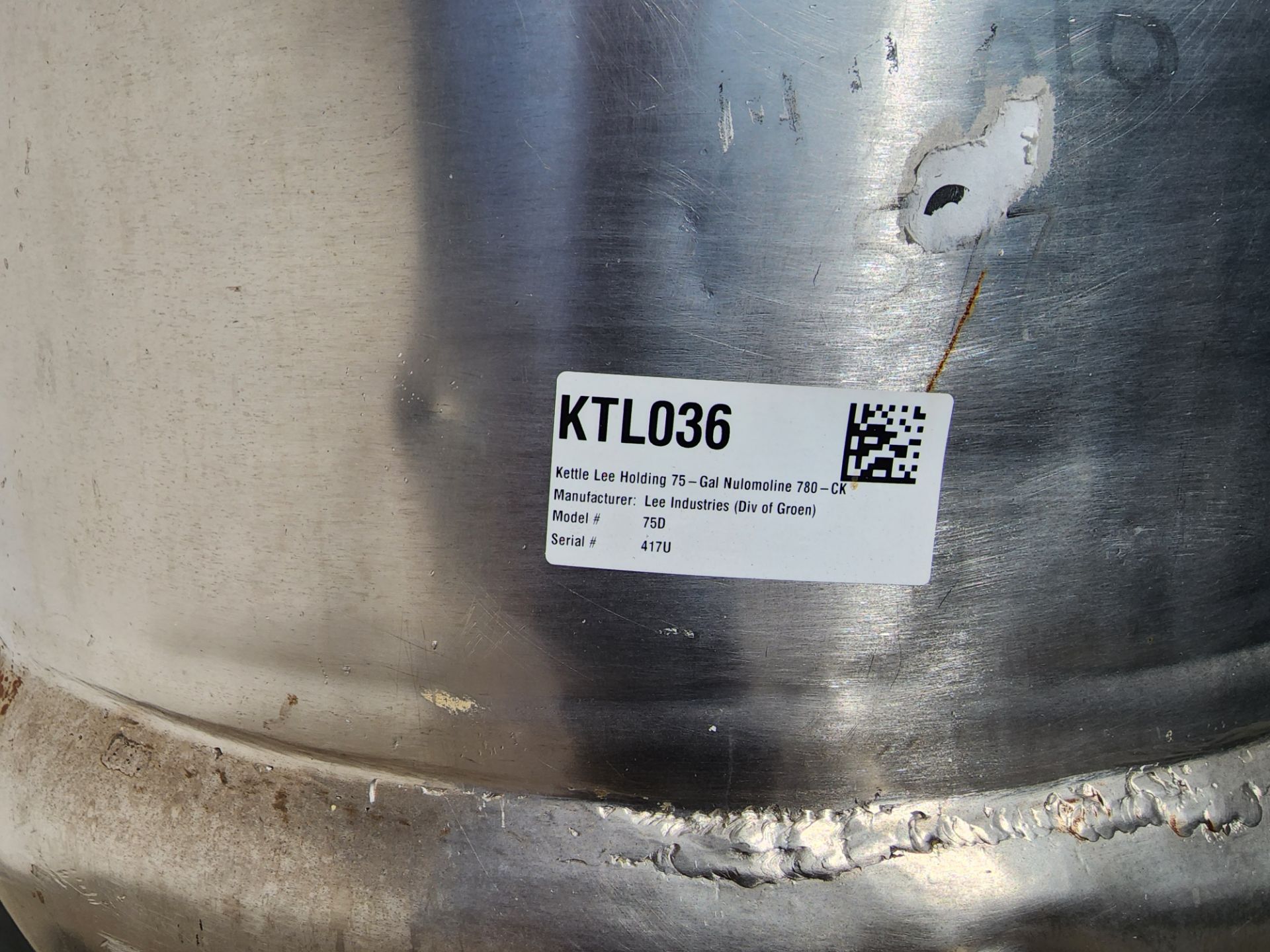 Lee Steam Fired Jacketed Kettle, Model 75D, SN 417 U, 75 Gallon Capacity. - Image 6 of 8