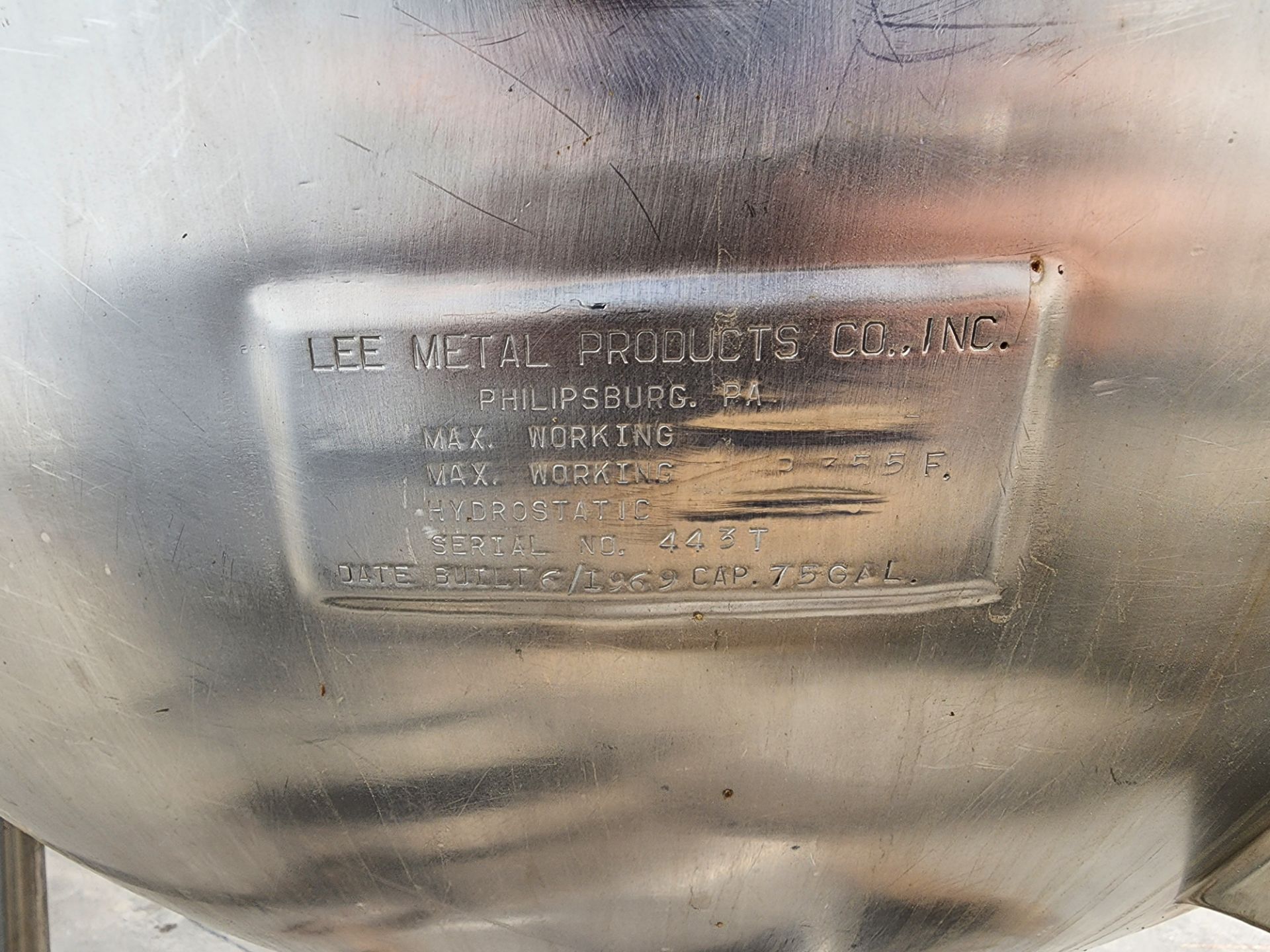 Lee Steam Fired Jacketed Kettle, Model 75D, SN 443 T, 75 Gallon Capacity. - Image 5 of 5