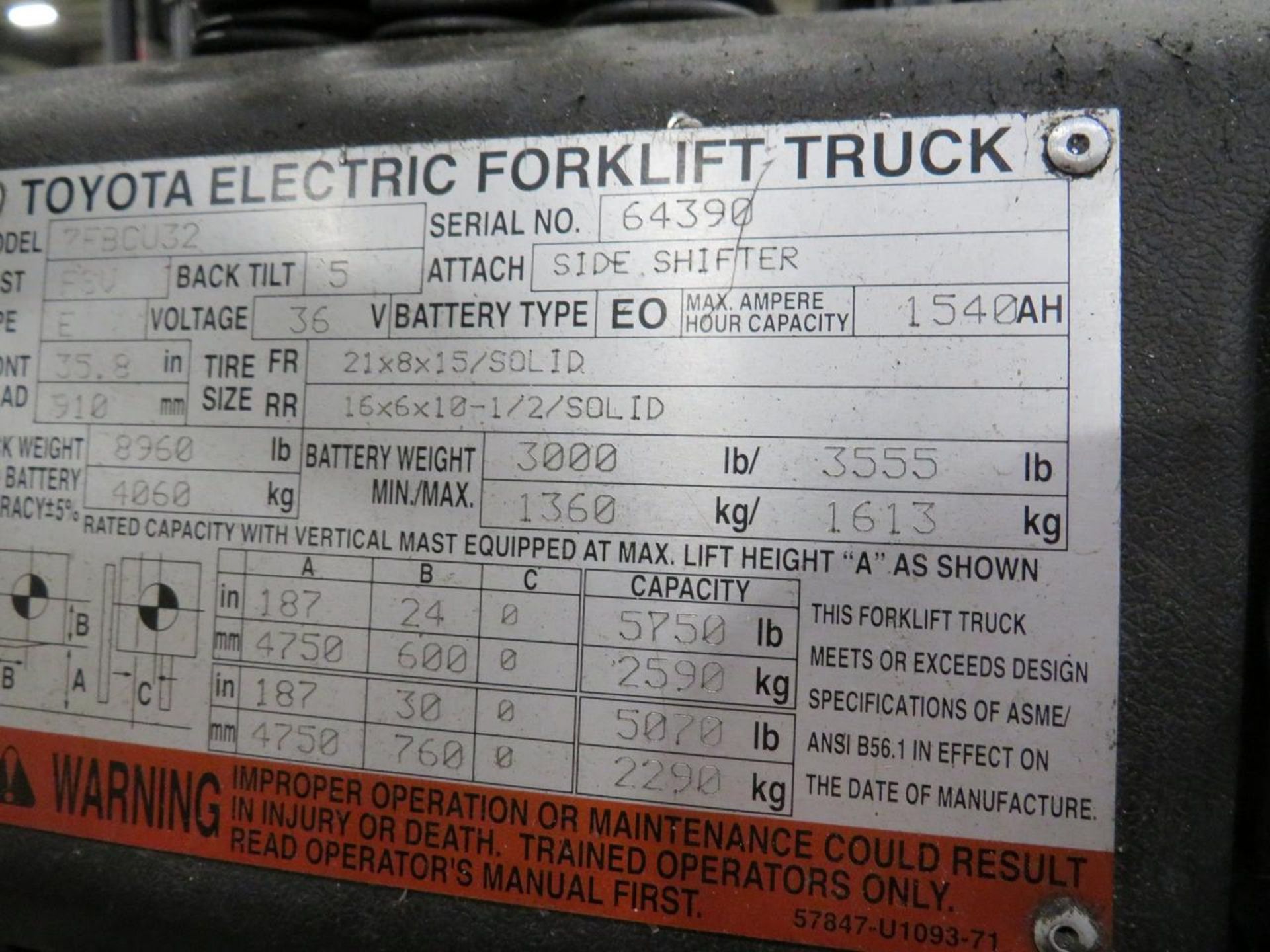 Toyota 7FBCU32 5,750 Lb Capacity Electric Forklift - Image 16 of 21