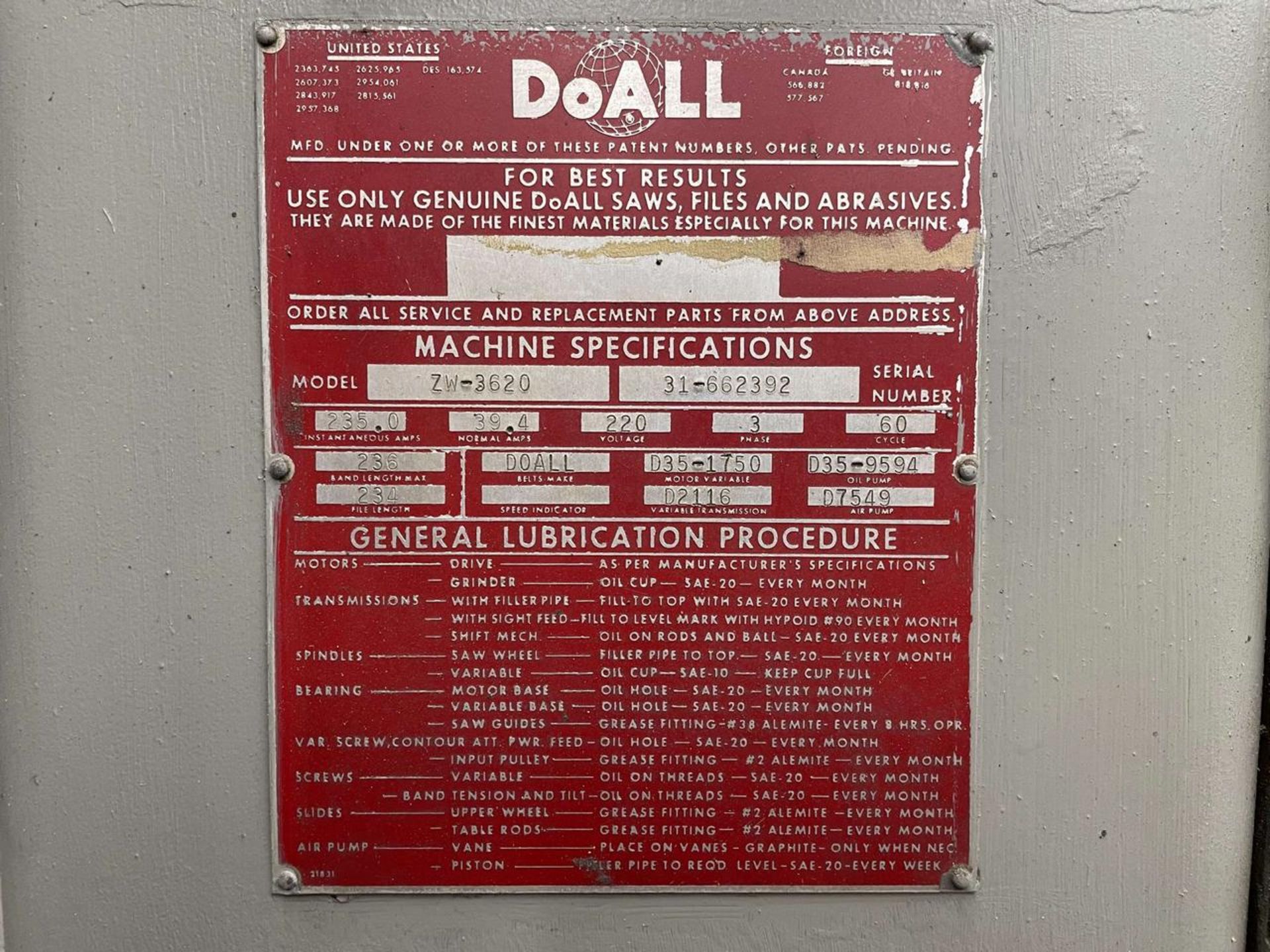 DoAll 36" Vertical Band Saw (Model ZW-3620) - Image 6 of 6