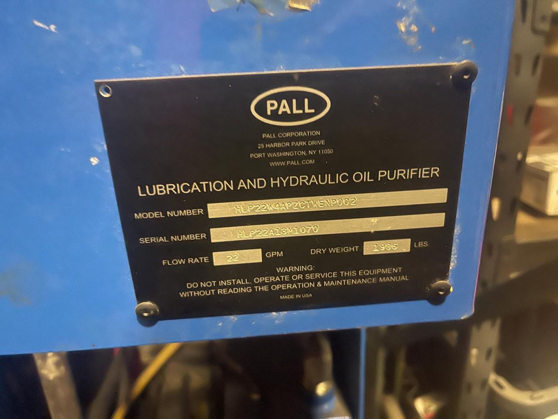 PALL LUBRICATION AND HYDRAULIC OIL PURIFIER - Image 2 of 2