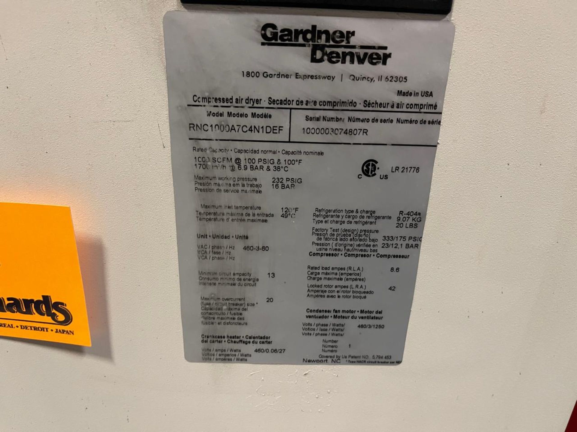 GARDNER DENVER COMPRESSED AIR DRYER RNC1000A7C4N1DEF - Image 2 of 5