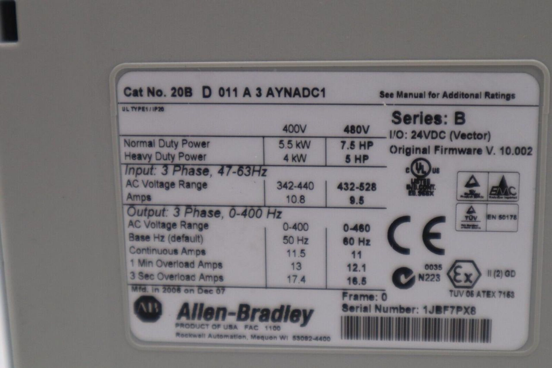 ALLEN BRADLEY 20BD011A3AYNADC1 7.5HP POWER FLEX 20B 700 AC DRIVE - Image 2 of 3