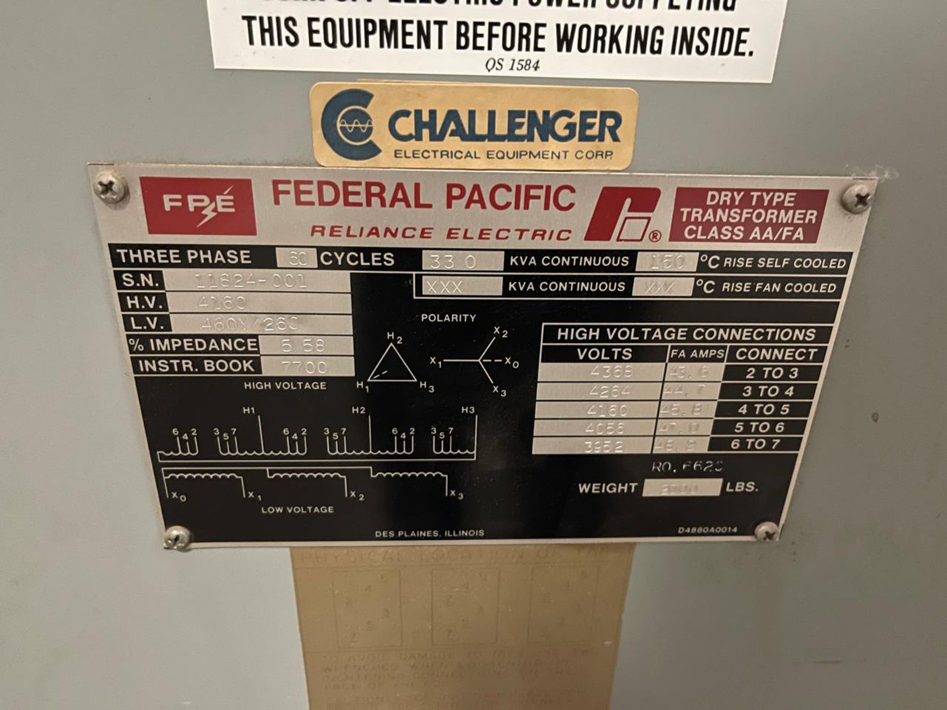 FEDERAL PACIFIC DRY TYPE TRANSFORMER CLASS AA/FA 4160/480 - Image 2 of 3