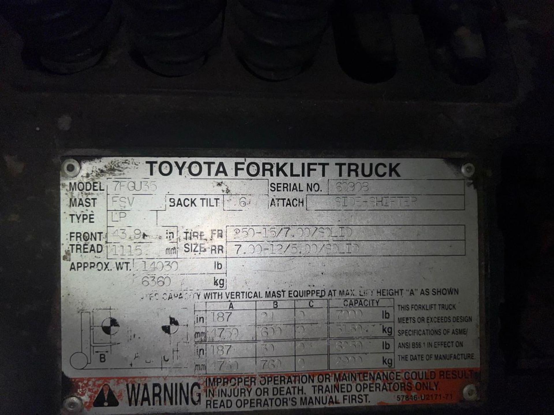 2011 Toyota 7FGU35 7,000 LB Capacity LP Type Forklift Truck - Image 9 of 9