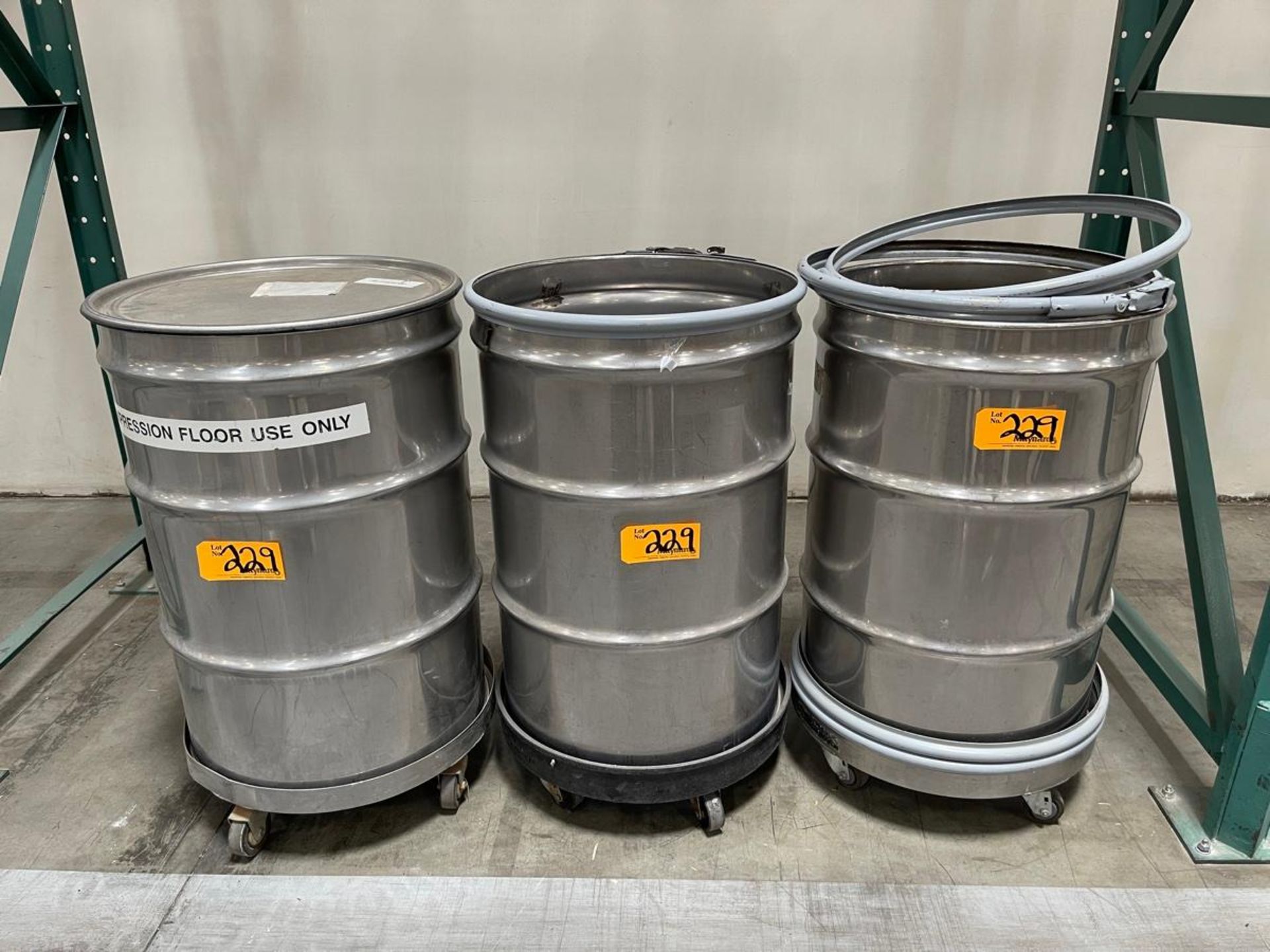(2) Stainless Steel Drums on Steel Rolling Carts