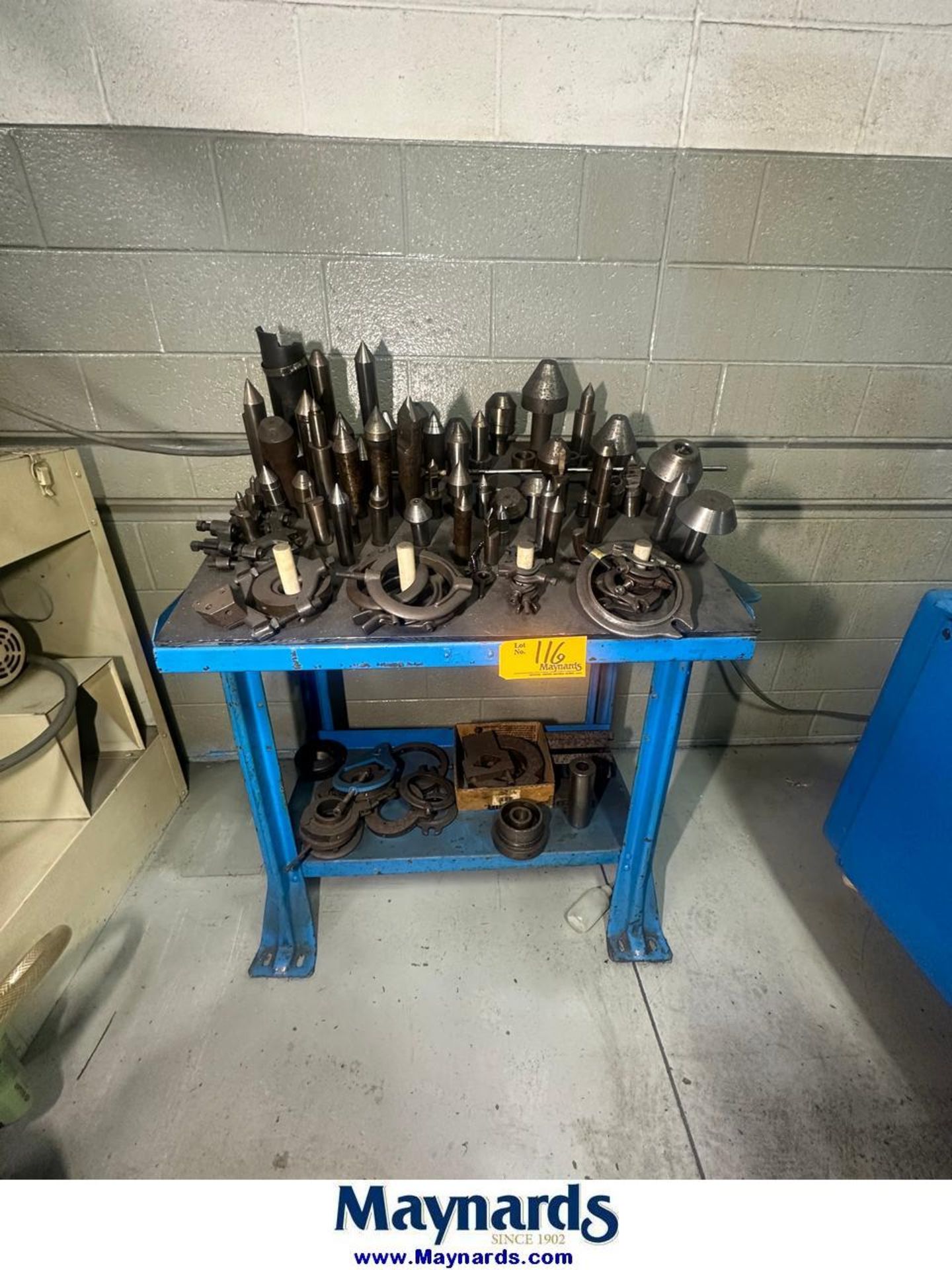 Rack with Assorted Centers and Clamps and Lathe Dogs