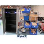 (2) Rolling Wire Racks and Cabinet with Assorted Spare Parts