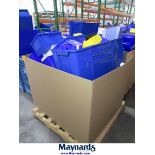 Gaylord and (2) Plastic Folding Totes of Assorted Plastic Stackable Storage Bins
