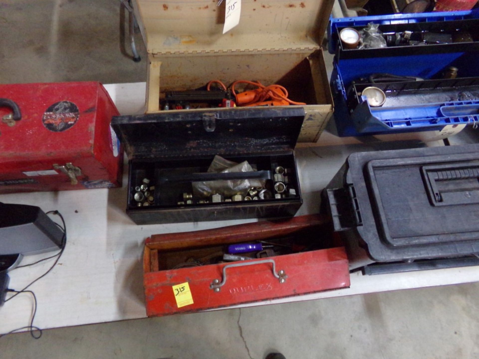 (3) Tool Boxes, 1 Has Tools, 1 Has Fittings and 1 with Small Brad Nailer and Black and Decker