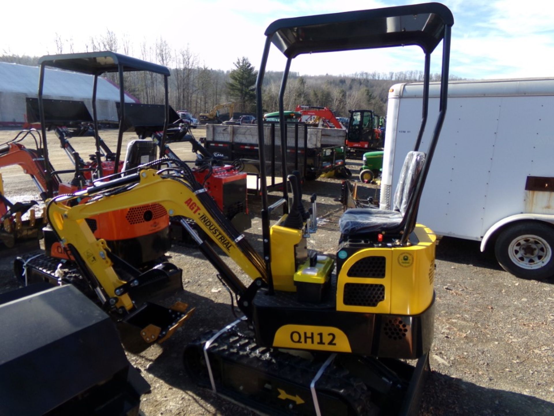 New Yellow AGT Industrial QH12 Mini Excavator, Gas Engine,Grader Blade and Stationary Thumb