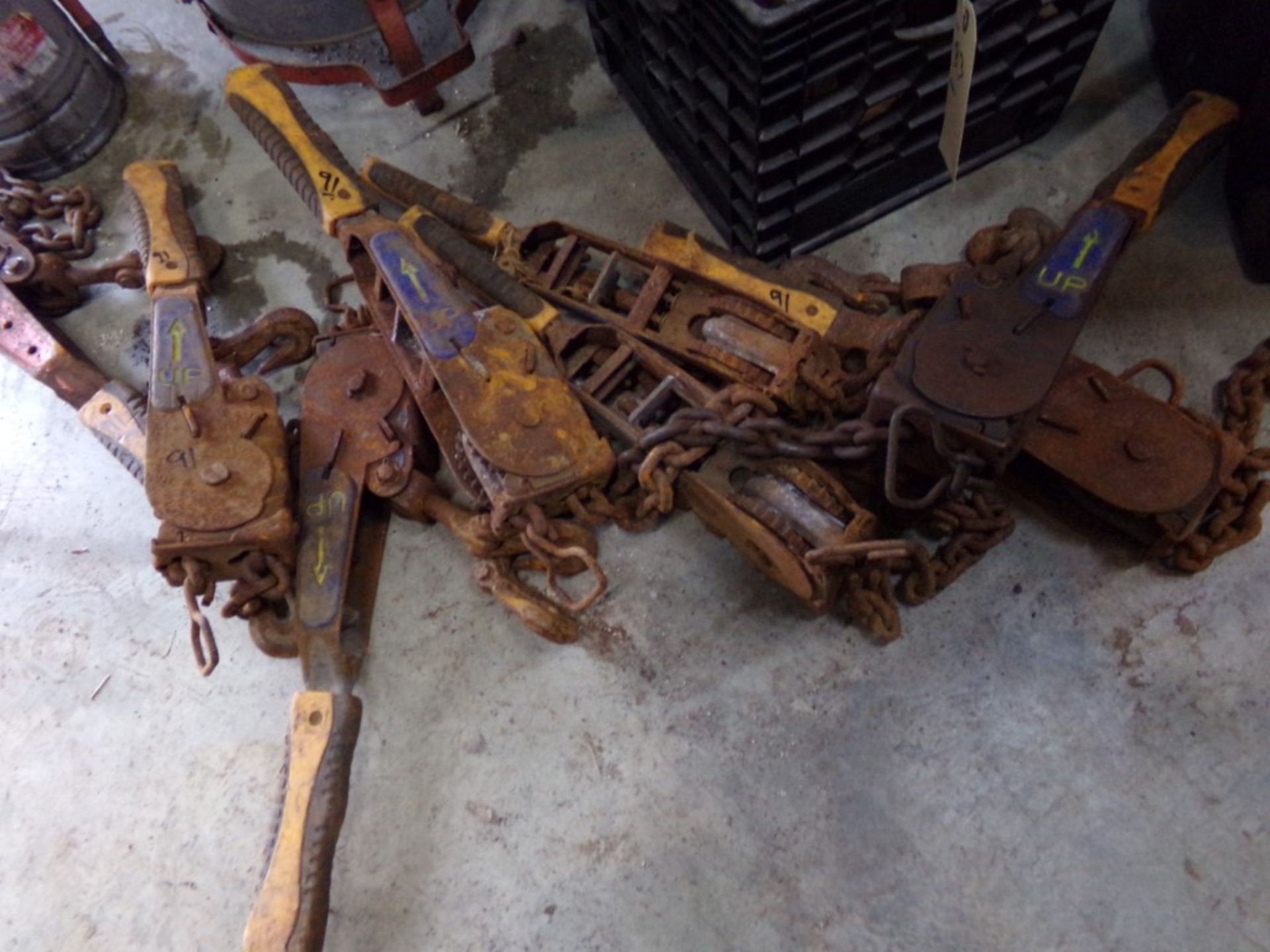 Group of (8) Very Well Used Cargo Chains Tie Down Binders