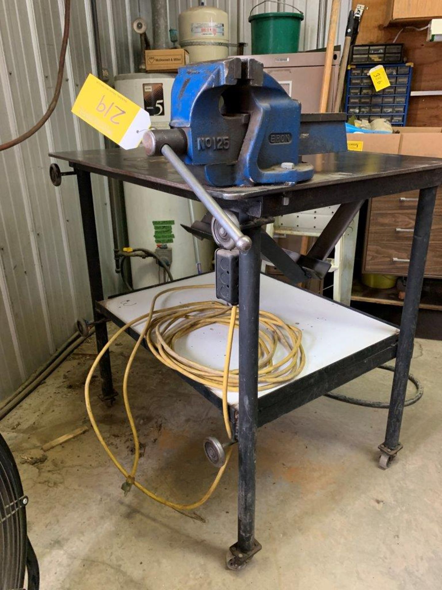 STEEL WELDING TABLE 30"X36"X38"H W/ 5" ERON BENCH VISE, INTEGRAL POWER CORD AND OUTLETS