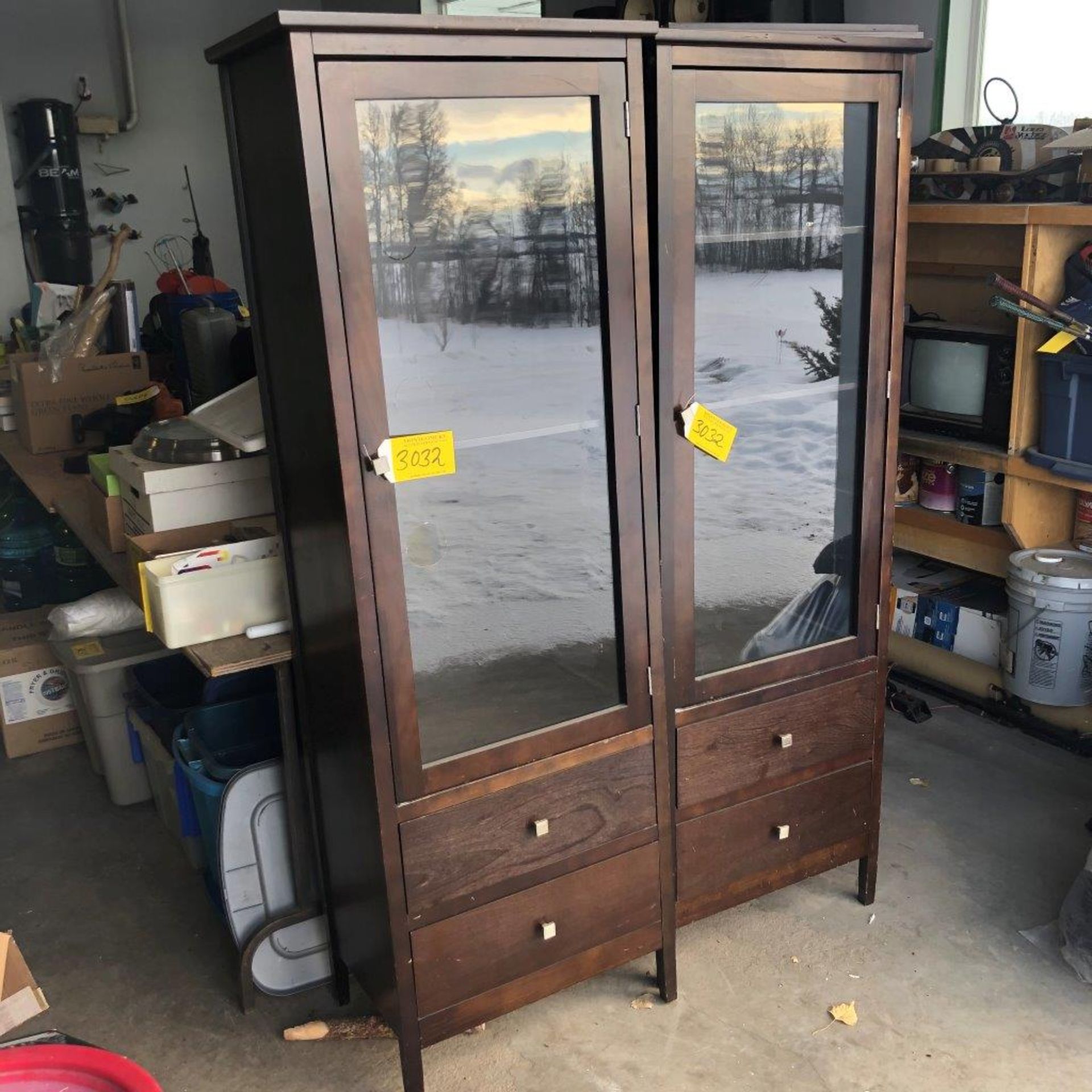 PAIR OF WOODEN GLASS DOOR DISPLAY CABINETS W/ 2-DRAWERS PER CABINET