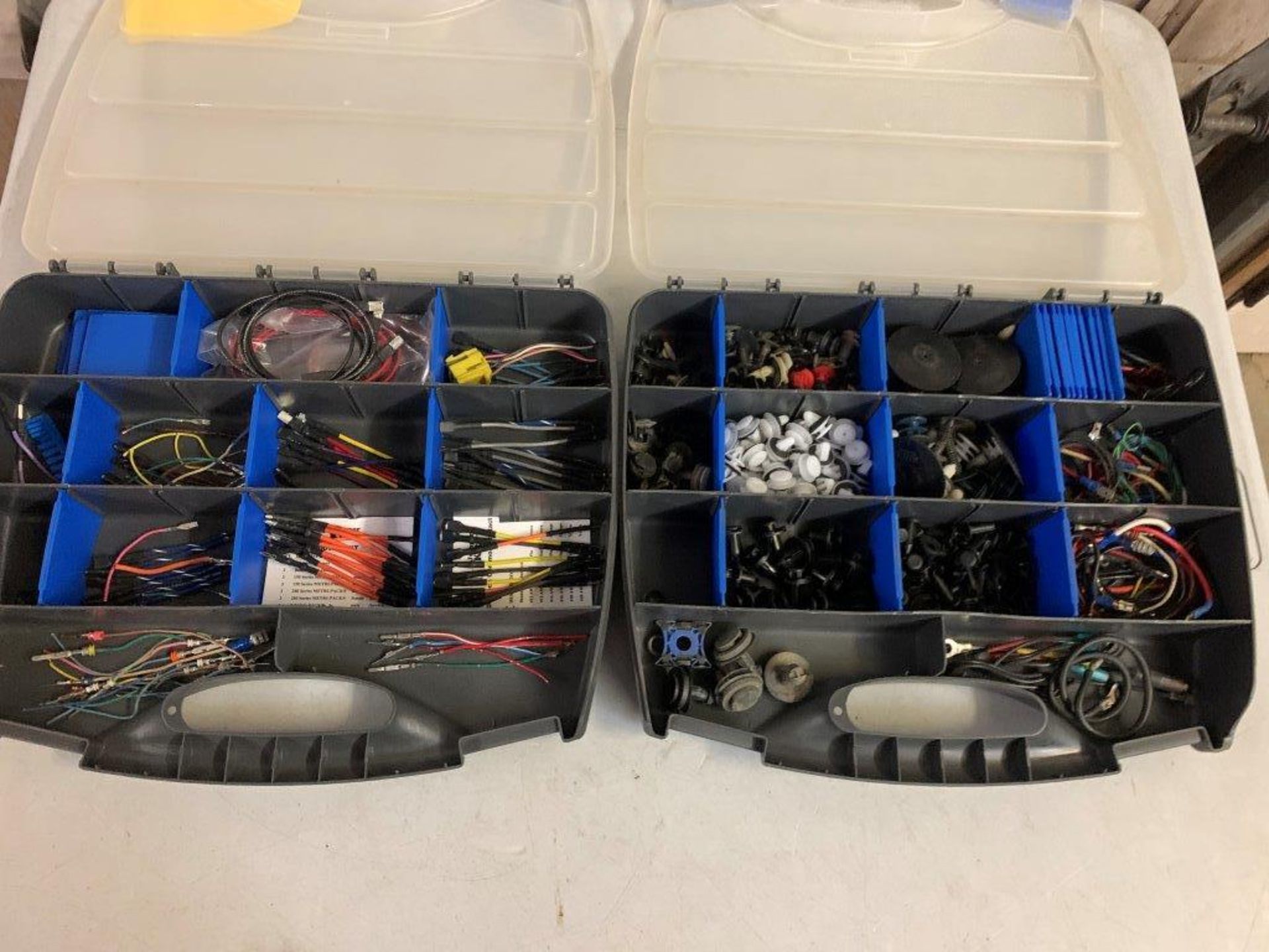 2-AUTOMOTIVE WIRING POLY ASSORTMENT TRAYS W/ ASSORTED CONNECTORS, ETC.