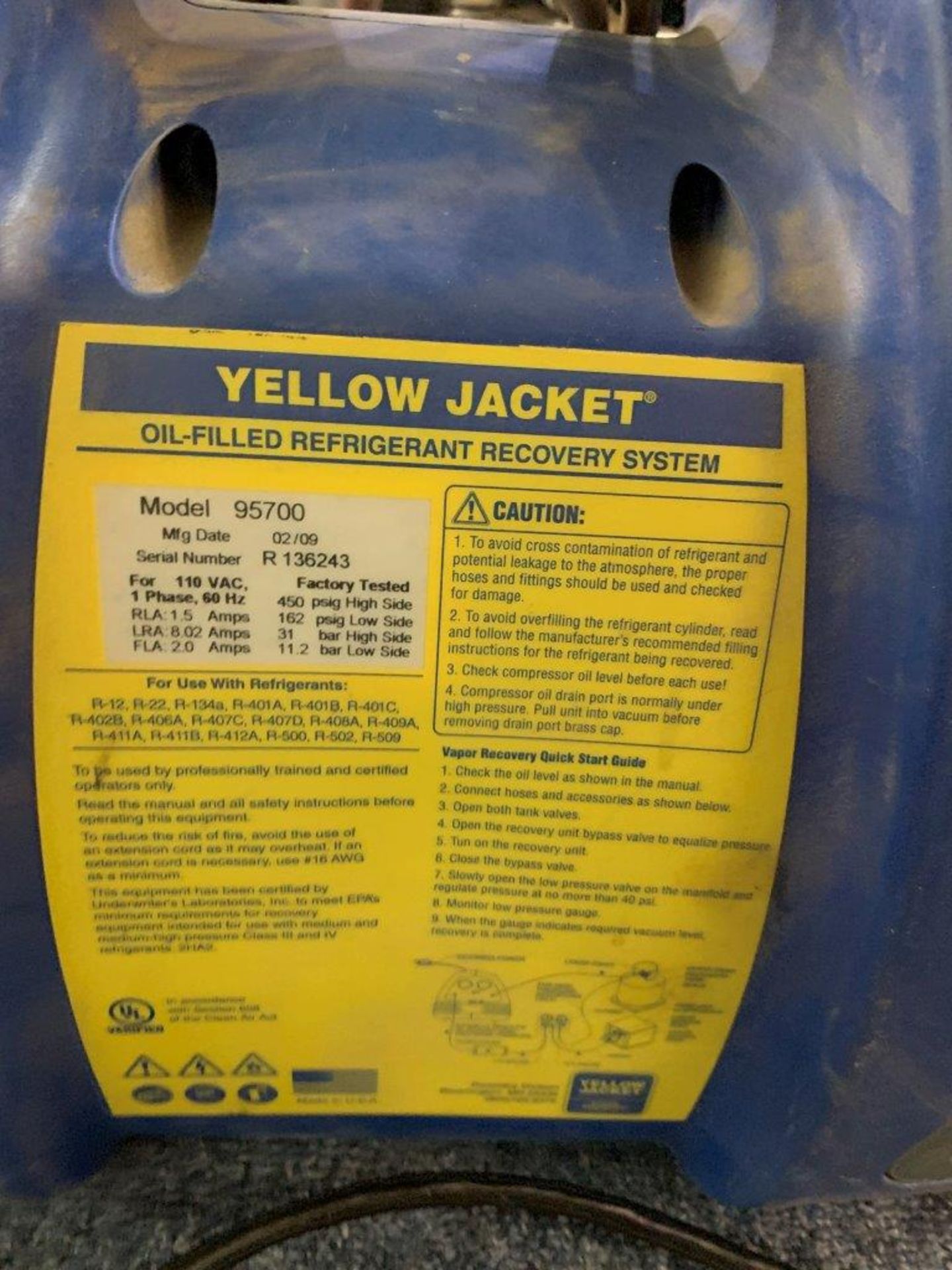 YELLOW JACKET OIL-FILLED REFRIGERANT RECOVERY SYSTEM - Image 3 of 4