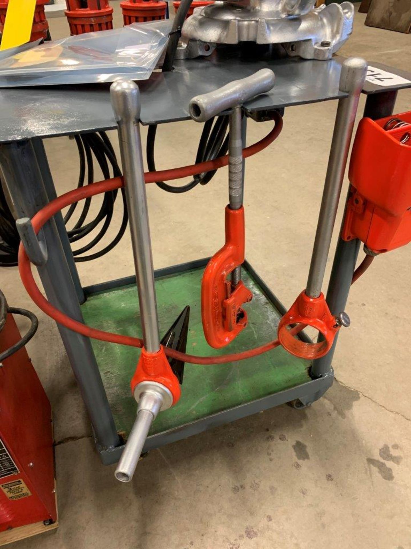 RIDGID 200 PIPE THREADER W/ 1/2", 3/4", 1", 2" DIES, FOOT SWITCH, REAMER, AND CUTTER(NEEDS NEW BELT) - Image 6 of 8