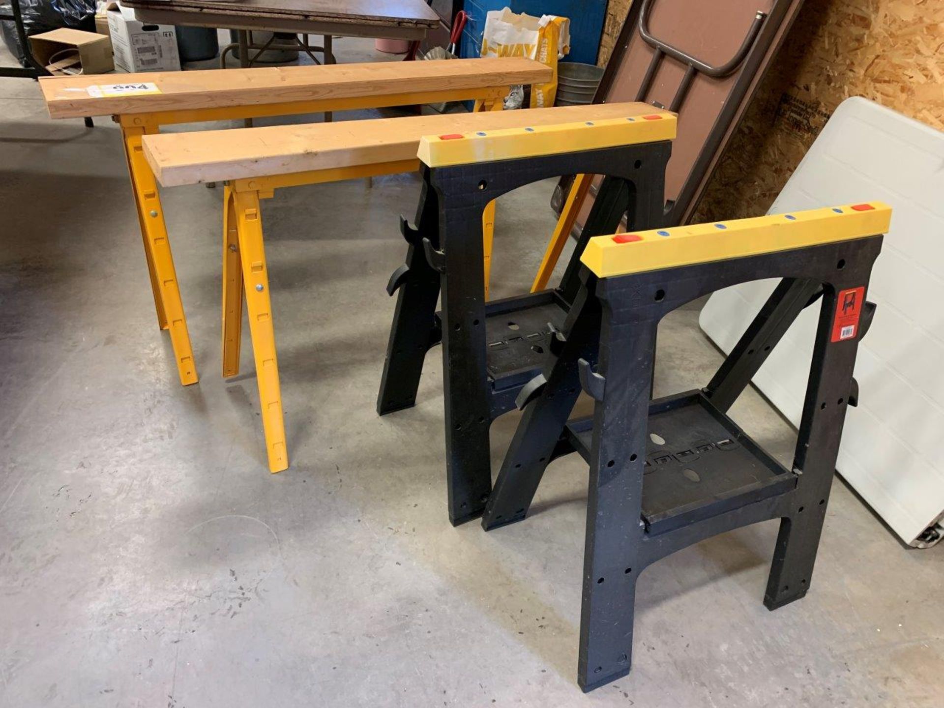 PAIR OF POLY FOLDING SAW HORSES AND PAIR OF PRO ADJUSTABLE SAWHORSES