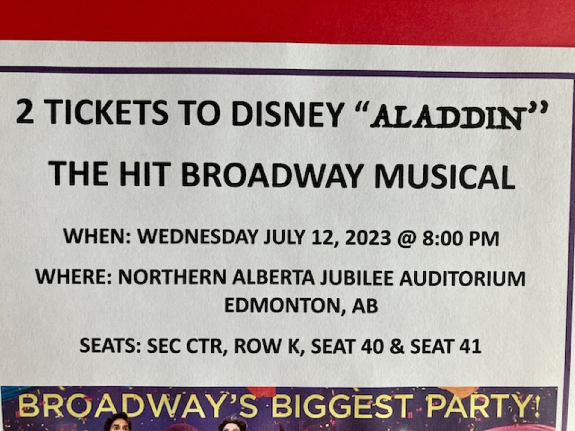 2 TICKETS TO DISNEY "ALADDIN" BROADWAY MUSICAL - Image 2 of 2