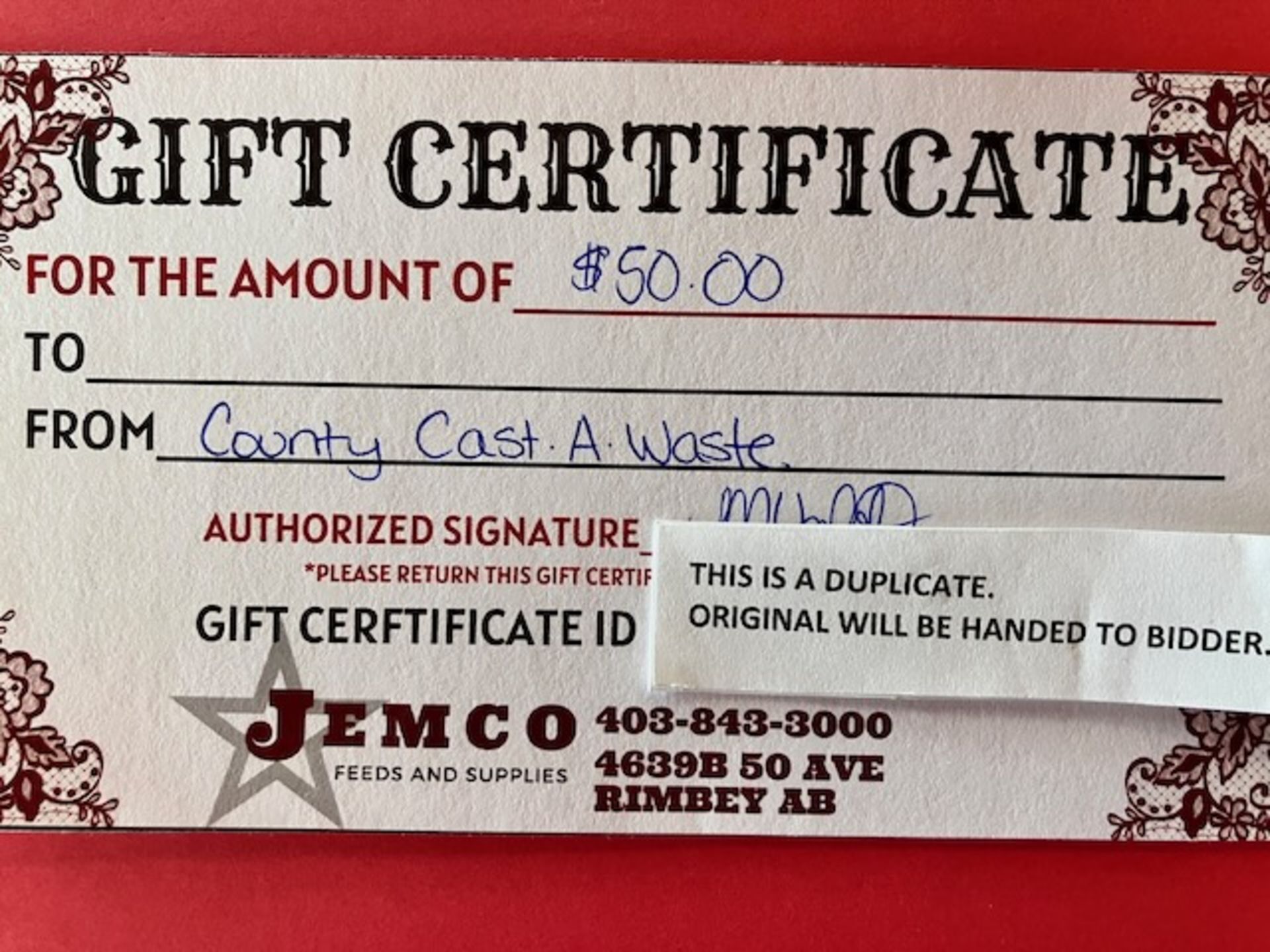 $50 JEMCO FEEDS & SUPPLIES GIFT CERTIFICATE - Image 2 of 2