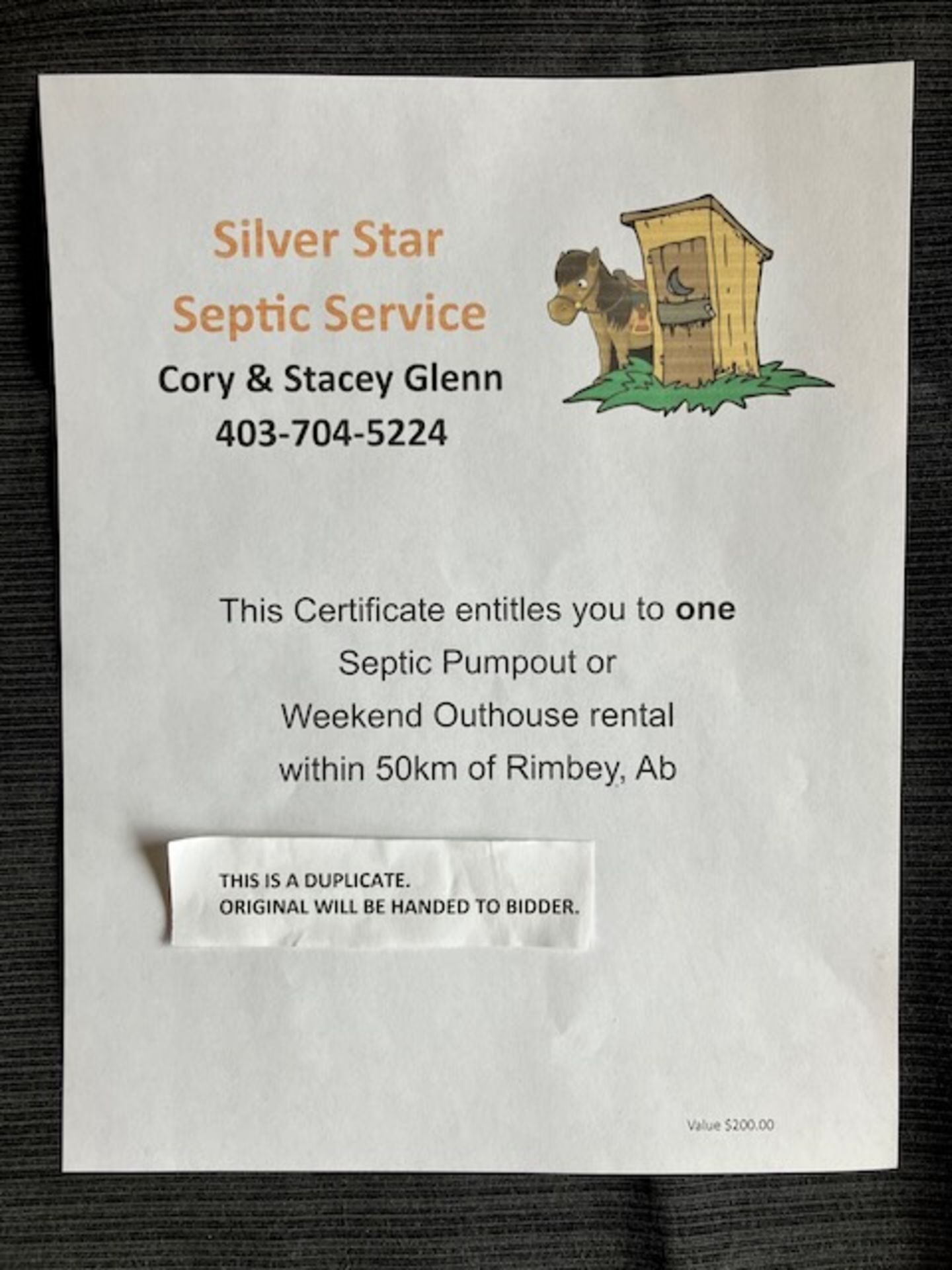 SILVER STAR SEPTIC SERVICE GIFT CERTIFICATE