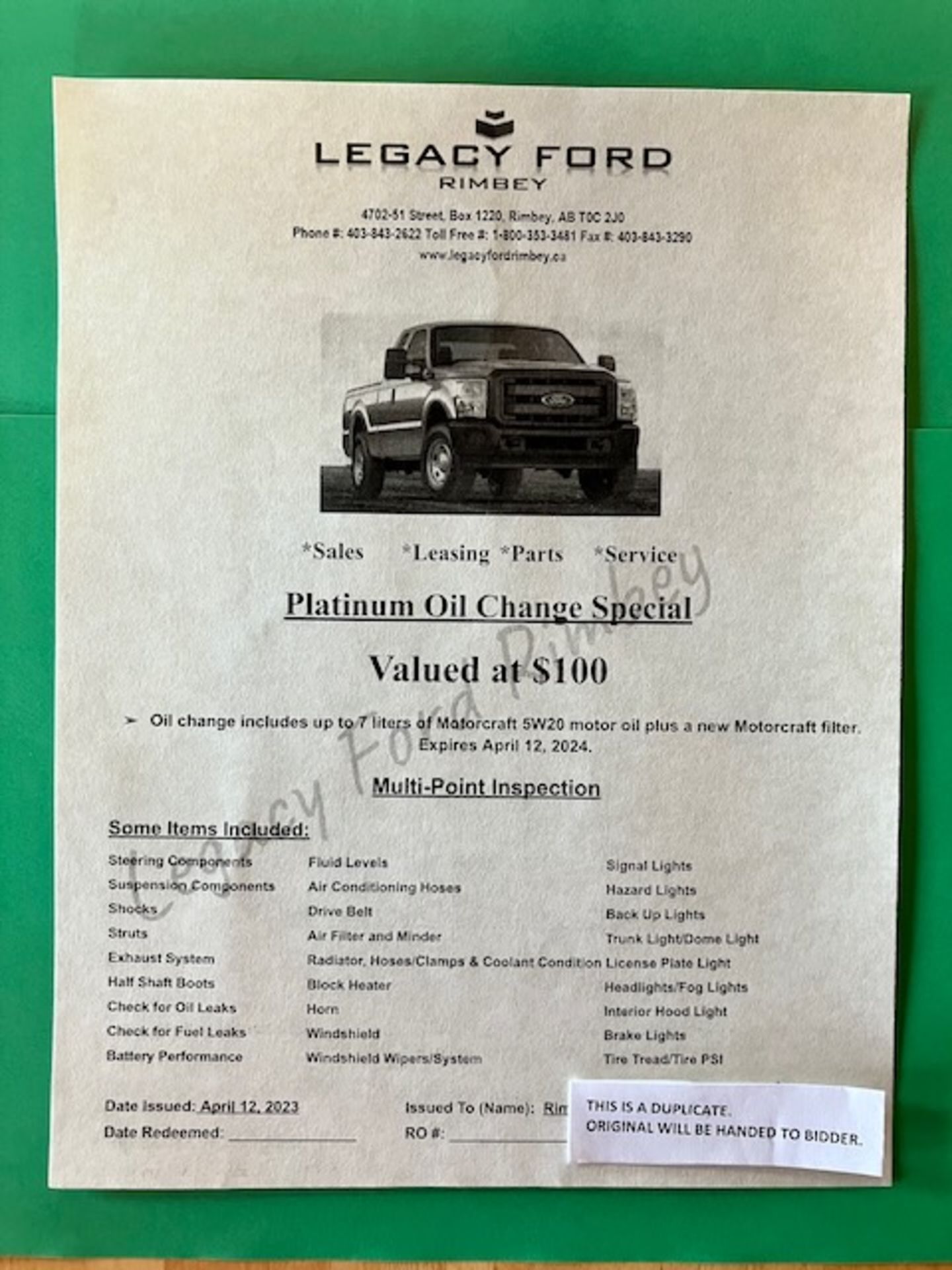 RIMBEY LEGACY FORD PLATINUM OIL CHANGE GIFT CERTIFICATE
