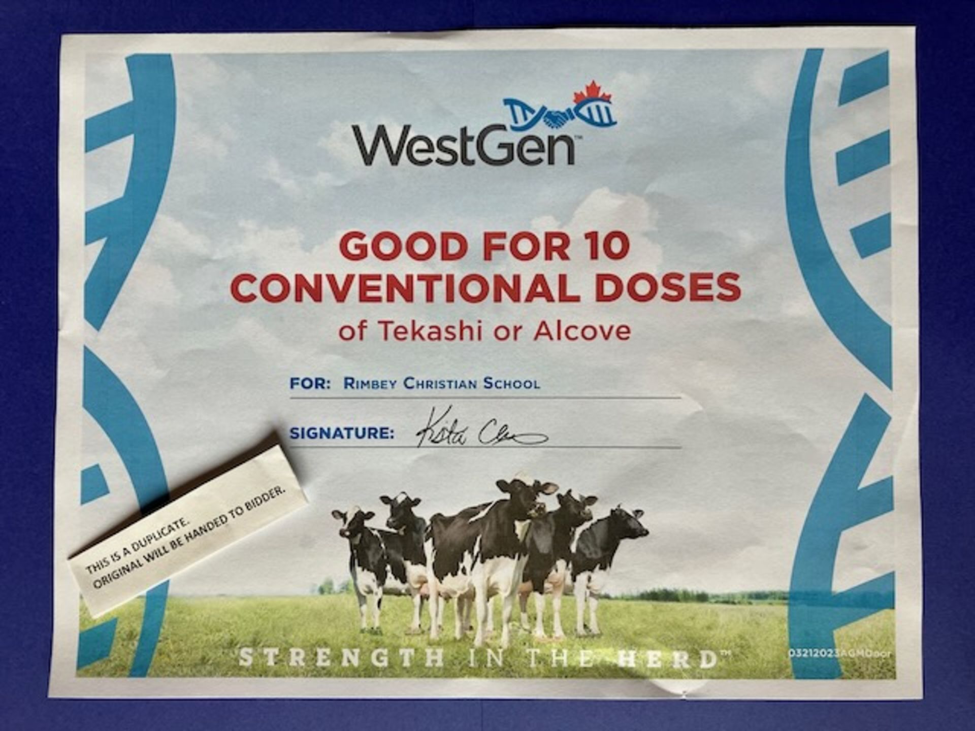 WESTGEN GIFT CERTIFICATE: GOOD FOR 10 CONVENTIONAL DOSES OF TEKASHI OR ALCOVE