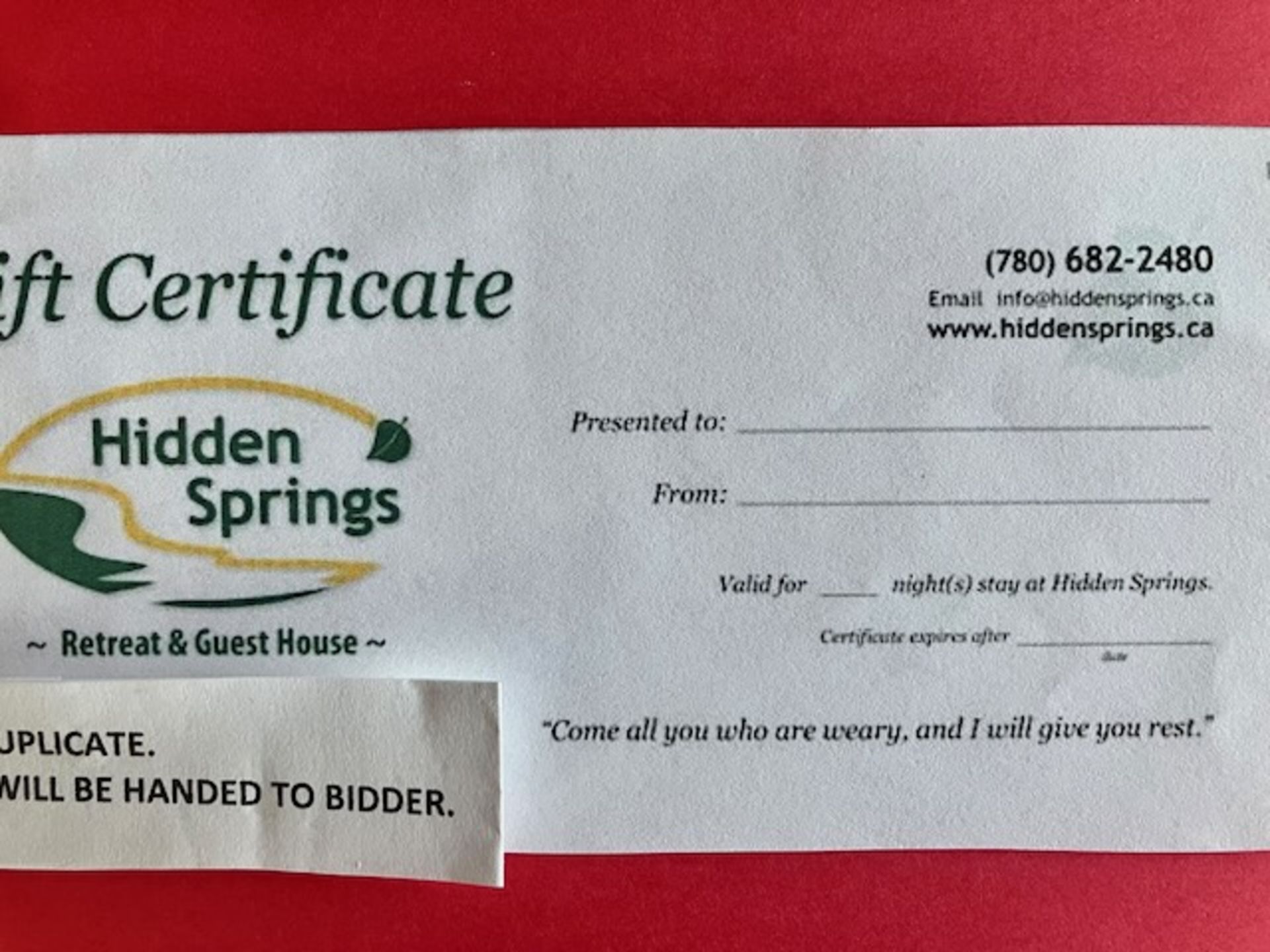 HIDDEN SPRINGS RETREAT & GUEST HOUSE GIFT CERTIFICATE - Image 2 of 2