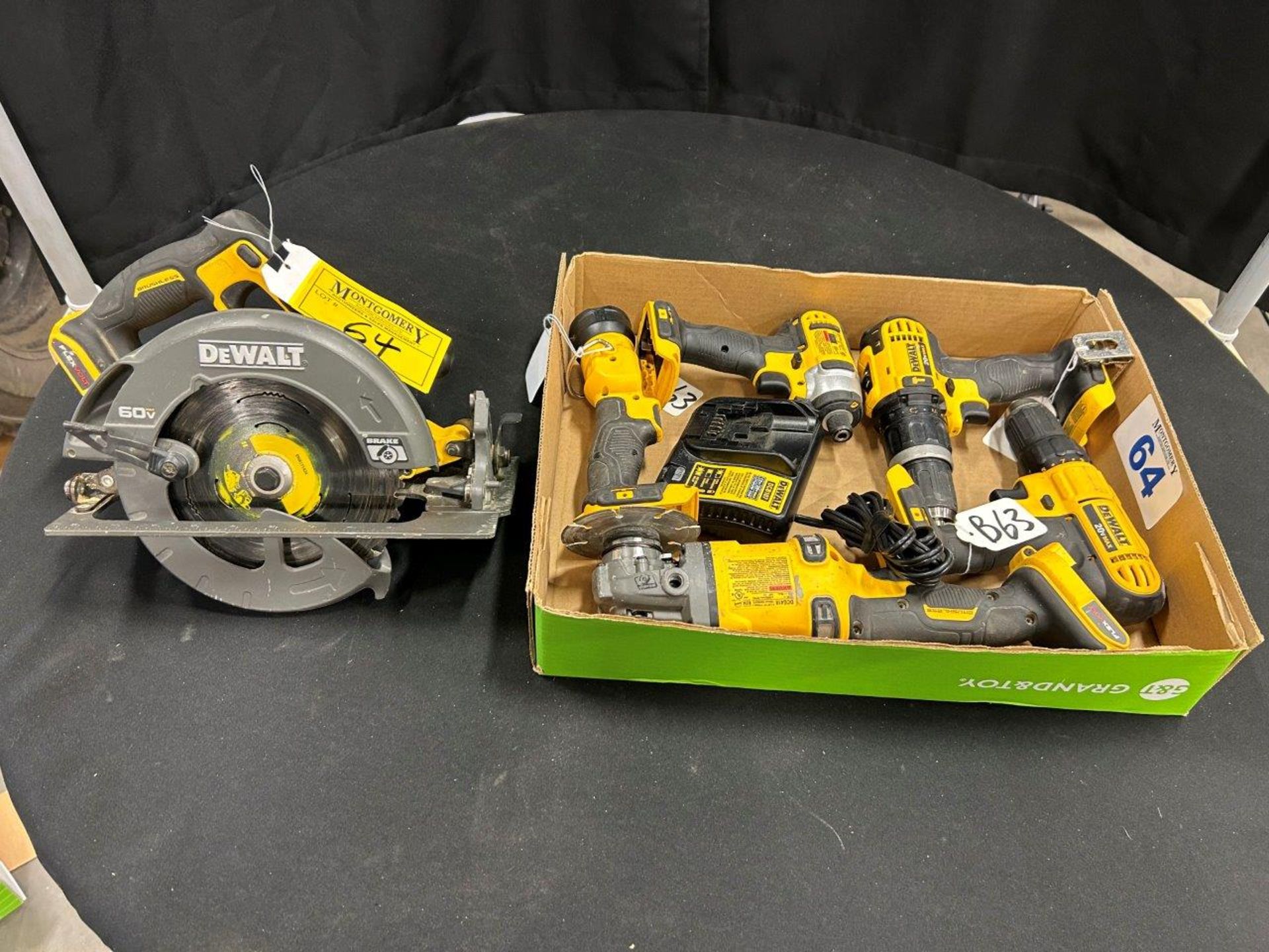 DEWALT CORDLESS CIRCULAR SAW, IMPACT DRIVER, ANGLE GRINDER, DRILLS, FLASHLIGHT, ETC. - B63