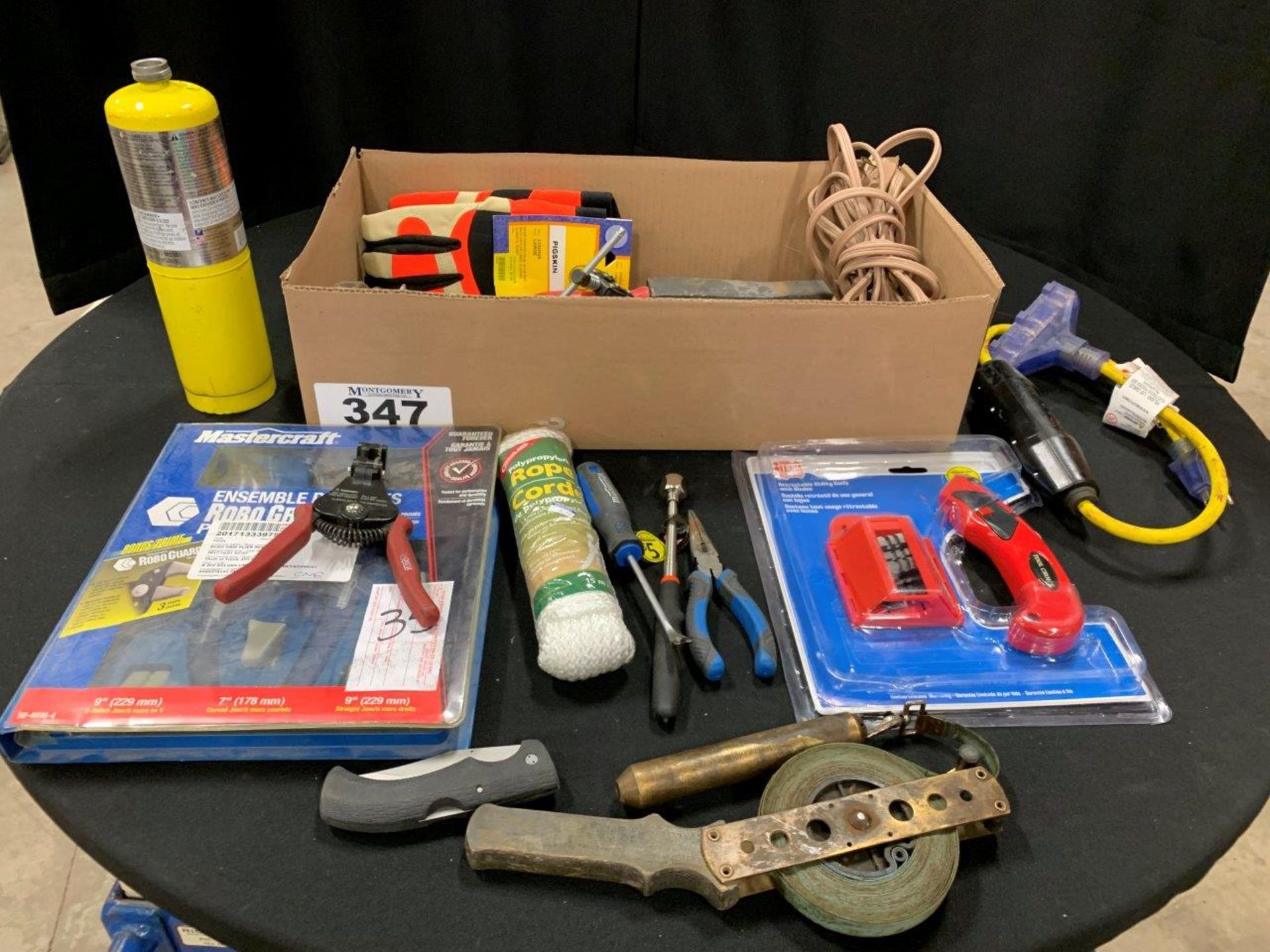 L/O ASSORTED HAND TOOLS, MASTERCRAFT ROBOGRIP, LPG TANK, C-CLAMPS, POLY ROPE, ETC.