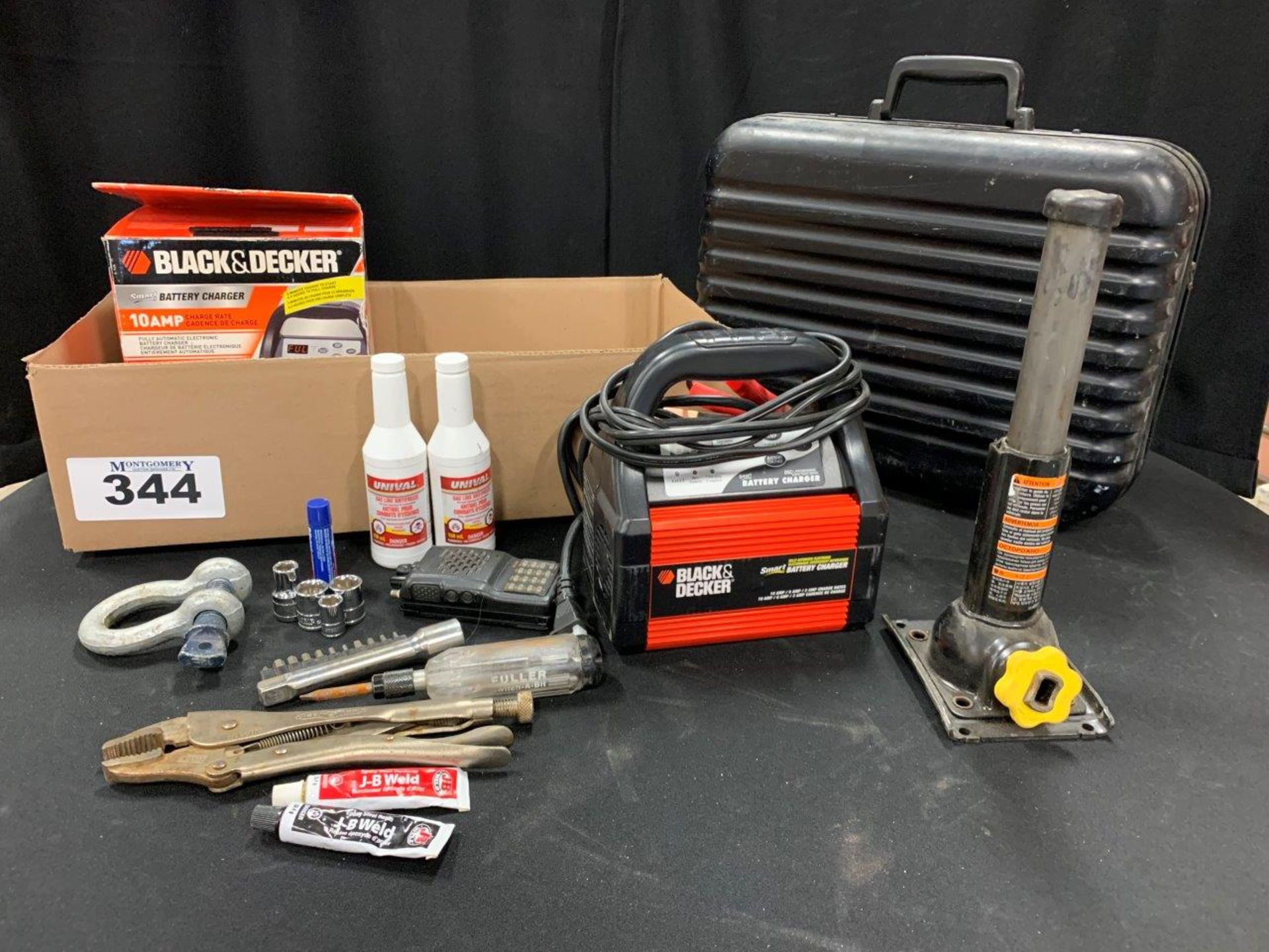 BLACK & DECKER 10 AMP BATTERY CHARGER, AUTOMOTIVE TIRE REPAIR JACK, ASSORTED HAND TOOLS, ETC.