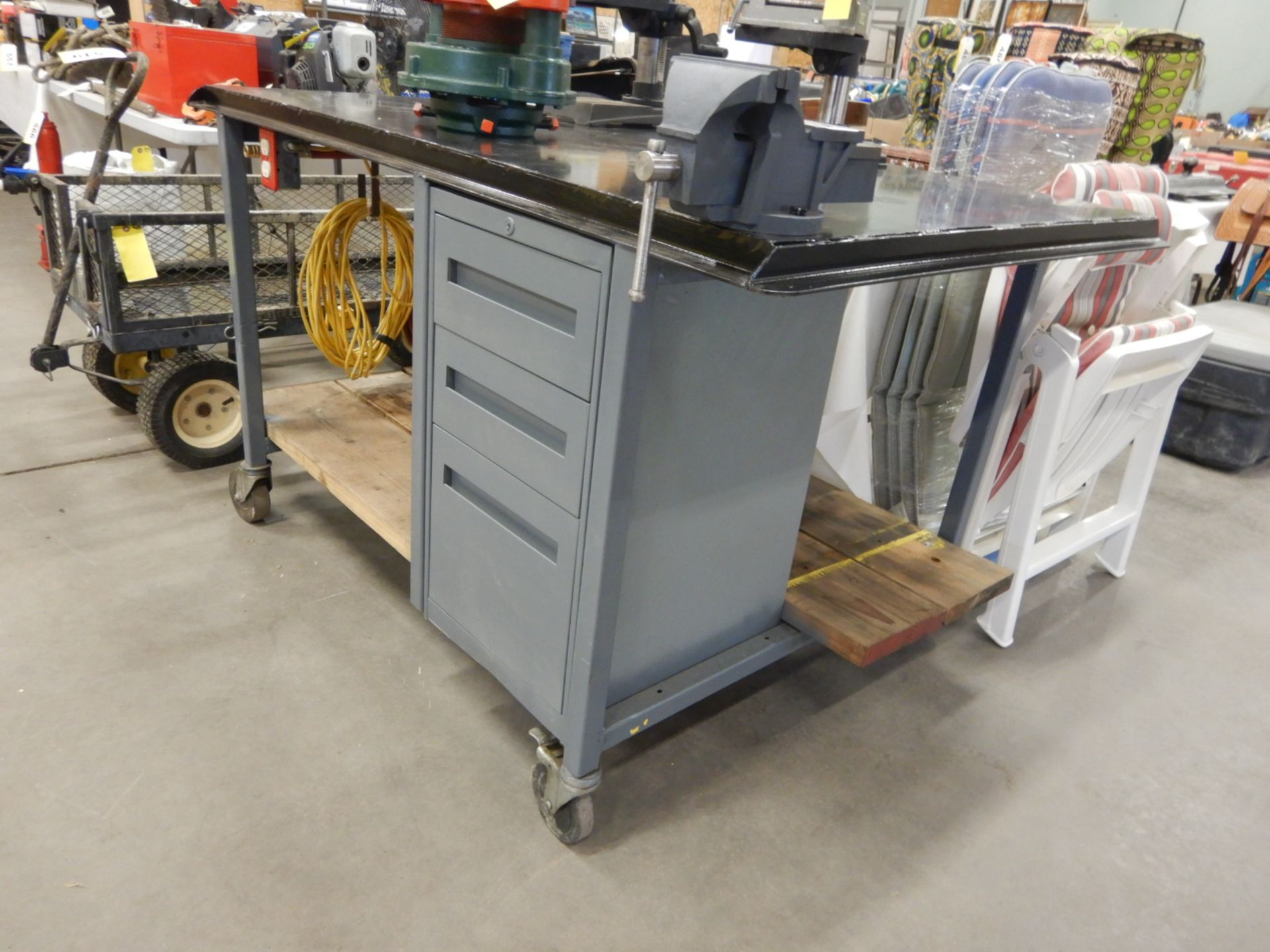 STEEL WORK BENCH W/ DRAWERS, VISE, AIR & POWER OUTLETS