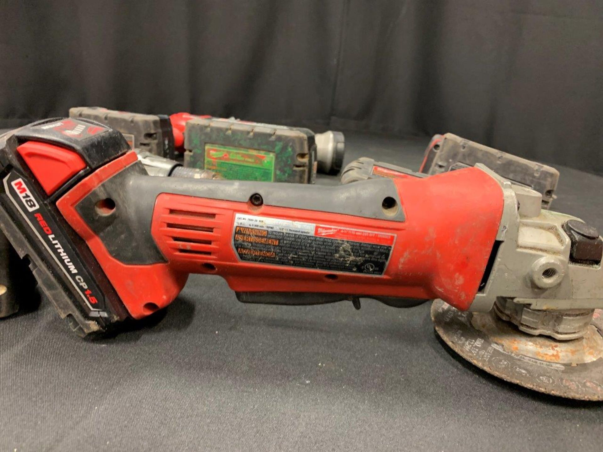 MILWAUKEE CORDLESS ANGLE GRINDER, DRILL, IMPACT DRIVER, FLASHLIGHT, ASSORTED BATTERIES - A58 - Image 13 of 14