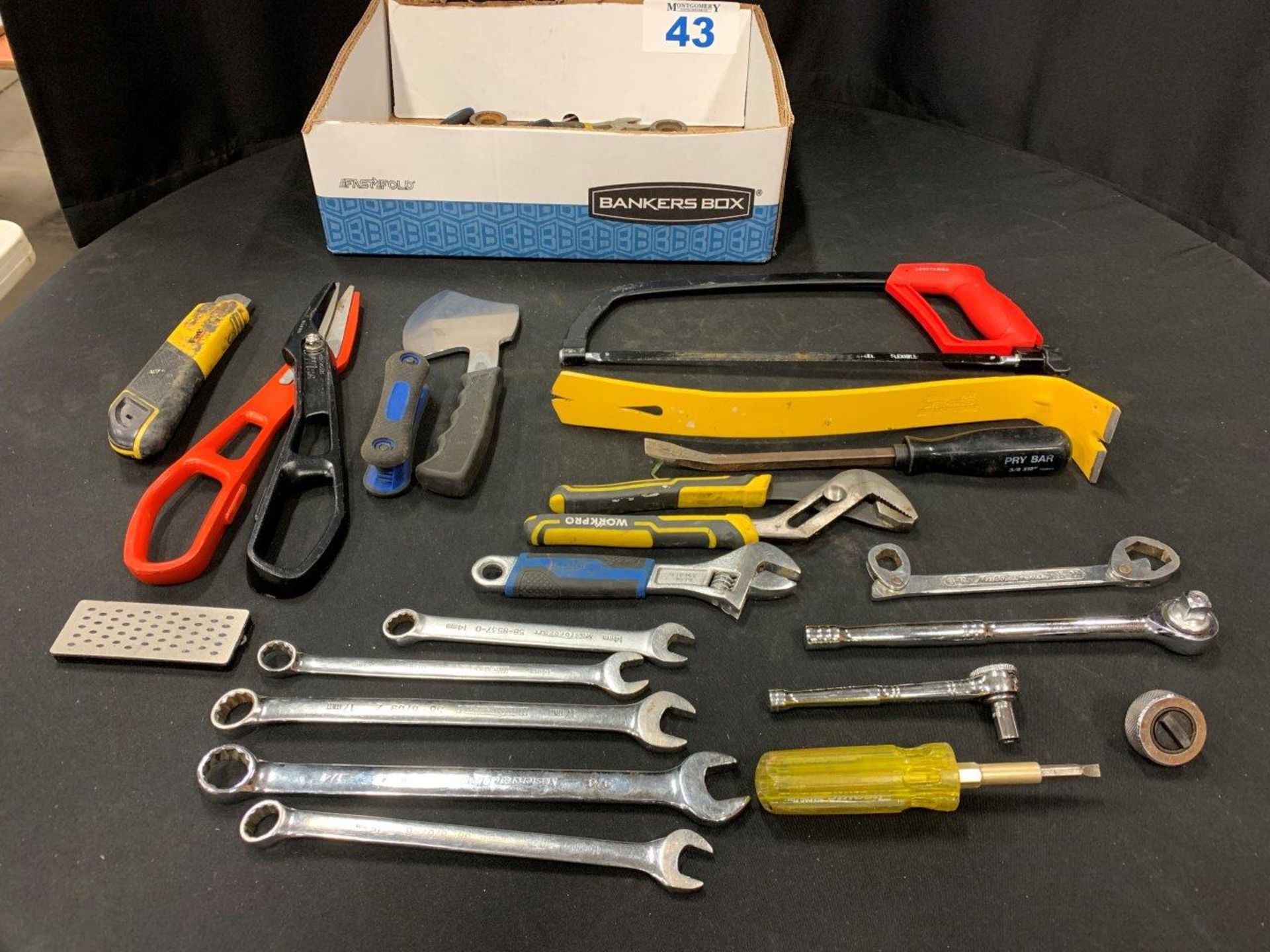 L/O ASSORTED HAND TOOLS, SAWS, SNIPS, PRY BARS, WRENCHES, ETC. - A01