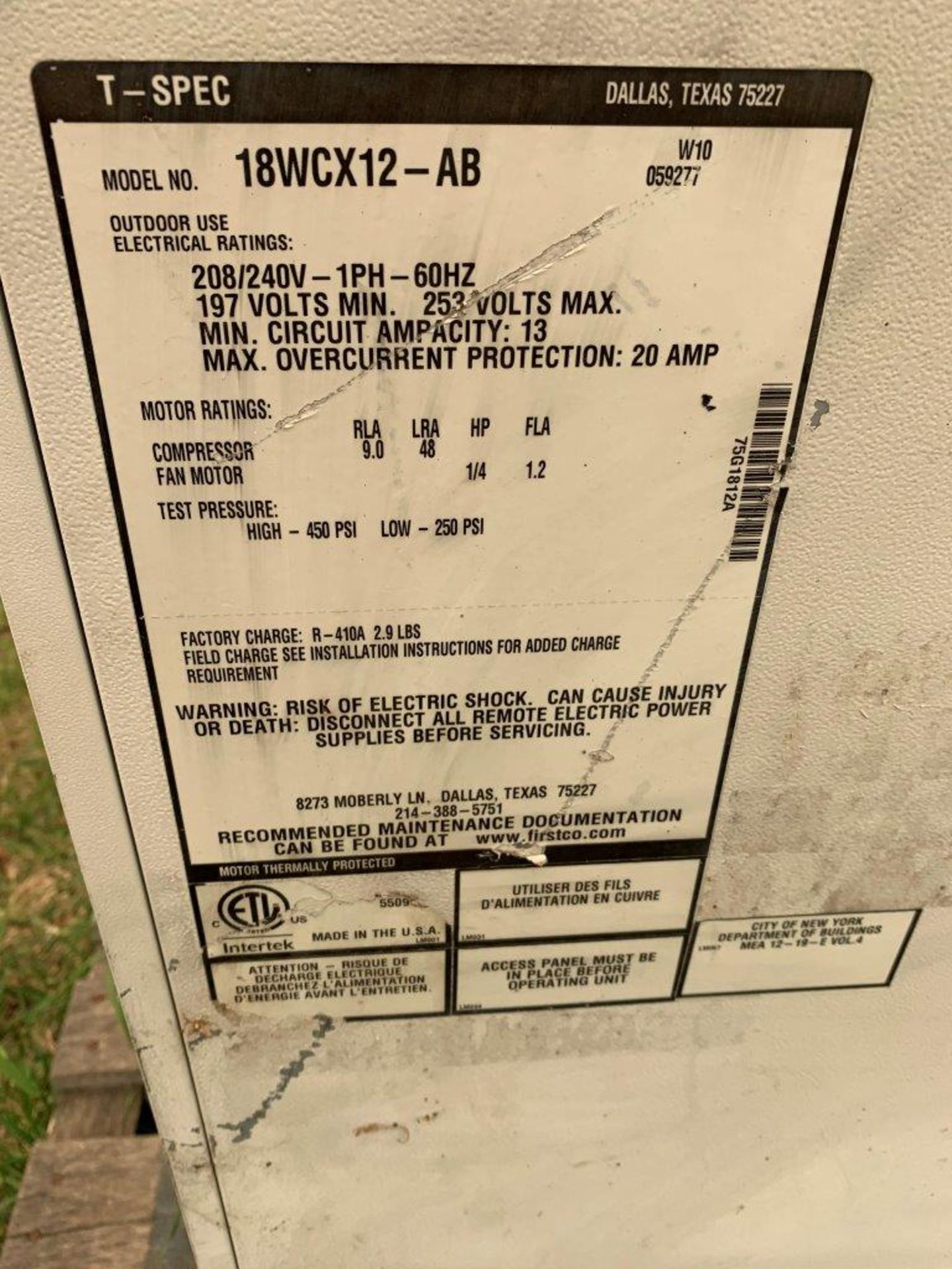 2-T-SPEC CONDENSING UNITS MOD. 18WCX12-AB R410A - Image 2 of 5