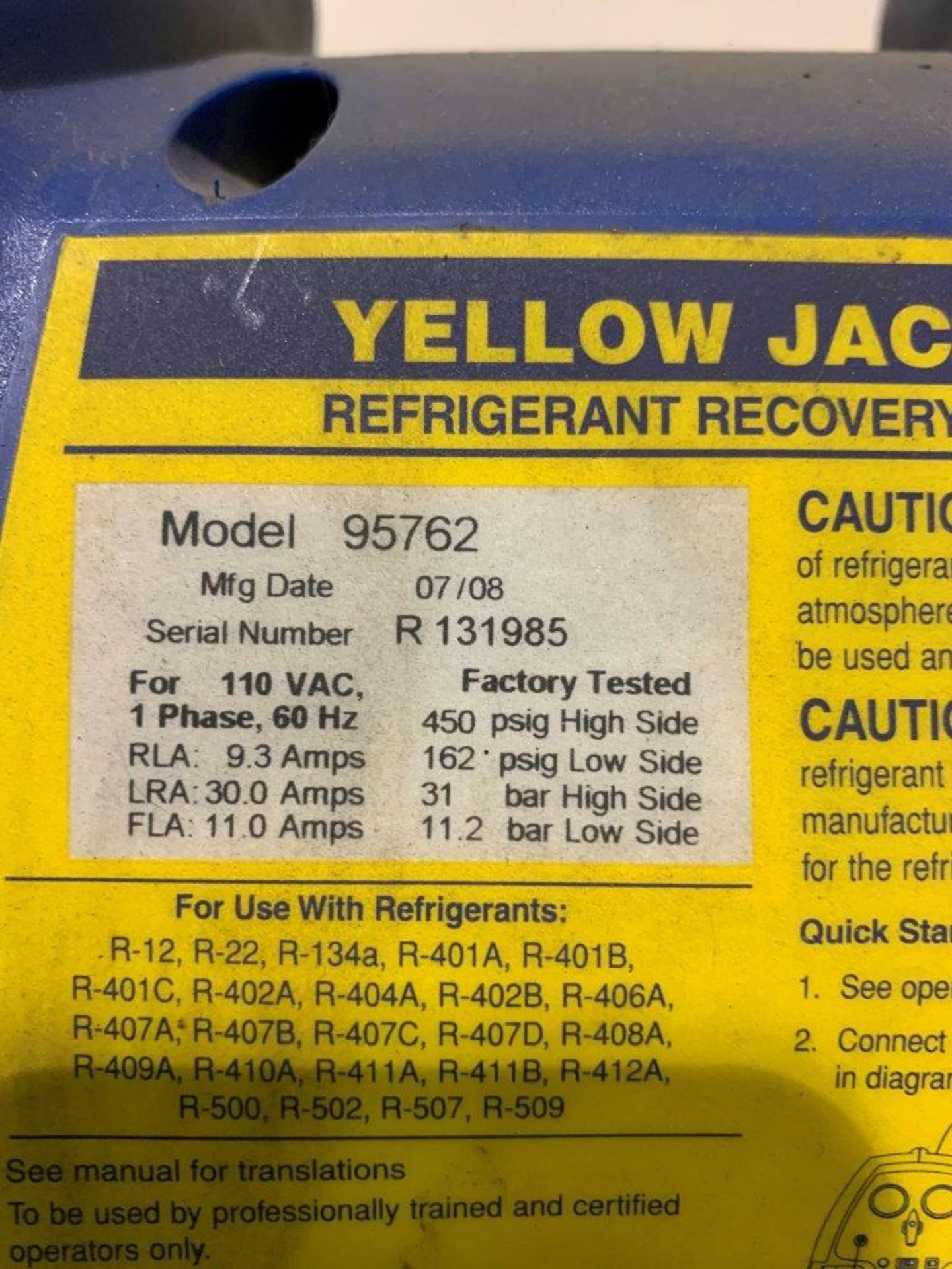 RITCHIE YELLOW JACKET RECOVERXLT MOD. 95762 REFRIGERANT RECOVERY SYSTEM W/ GAUGE SET, R-22/404A/ - Image 4 of 10