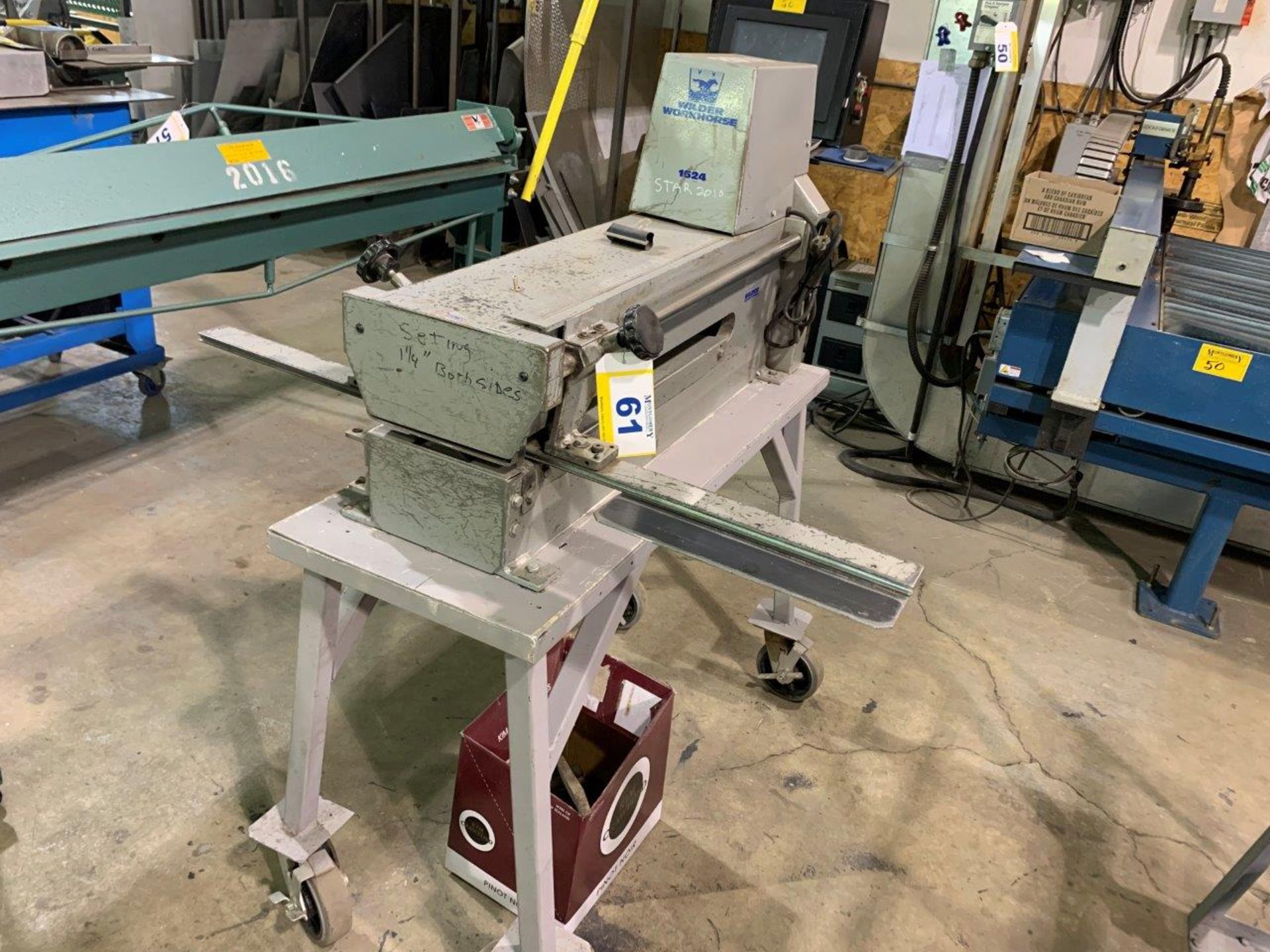 WILDER WORKHORSE 1324-16 GA. POWER SLITTER W/ STAND & CASTERS S/N 46920 16 GA. MILD STEEL